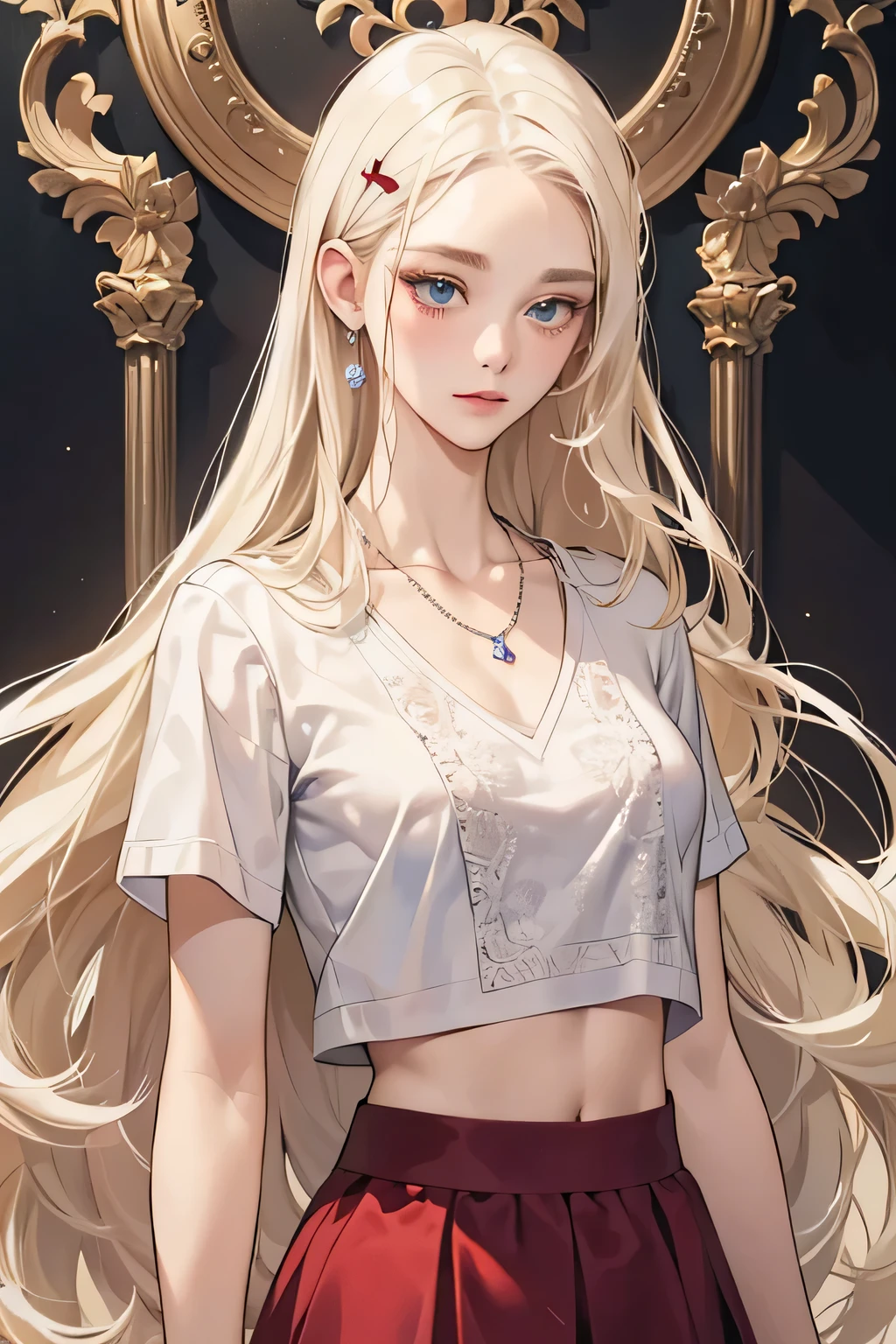 (extreamly delicate and beautiful:1.2), 8K,(masterpiece:1.0),(best_quality:1.0), 1 girl,model and intricate detailing, Enlarged textures, and intricate detailing, finely eye and detailed face, and intricate detailing, shiraga, platinum blonde curls long hair, (closed mouths), Perfect eyes, Equal eyes, carolina eyes (A famale god) with white polo croptee croptop short sleeved shirt and red maroon short skirt, carolina eyes perfect, perfect, earing, hairpin, perfect body, sexy body, carolina blue perfect eyes, lips nude, necklace, little blush on nude