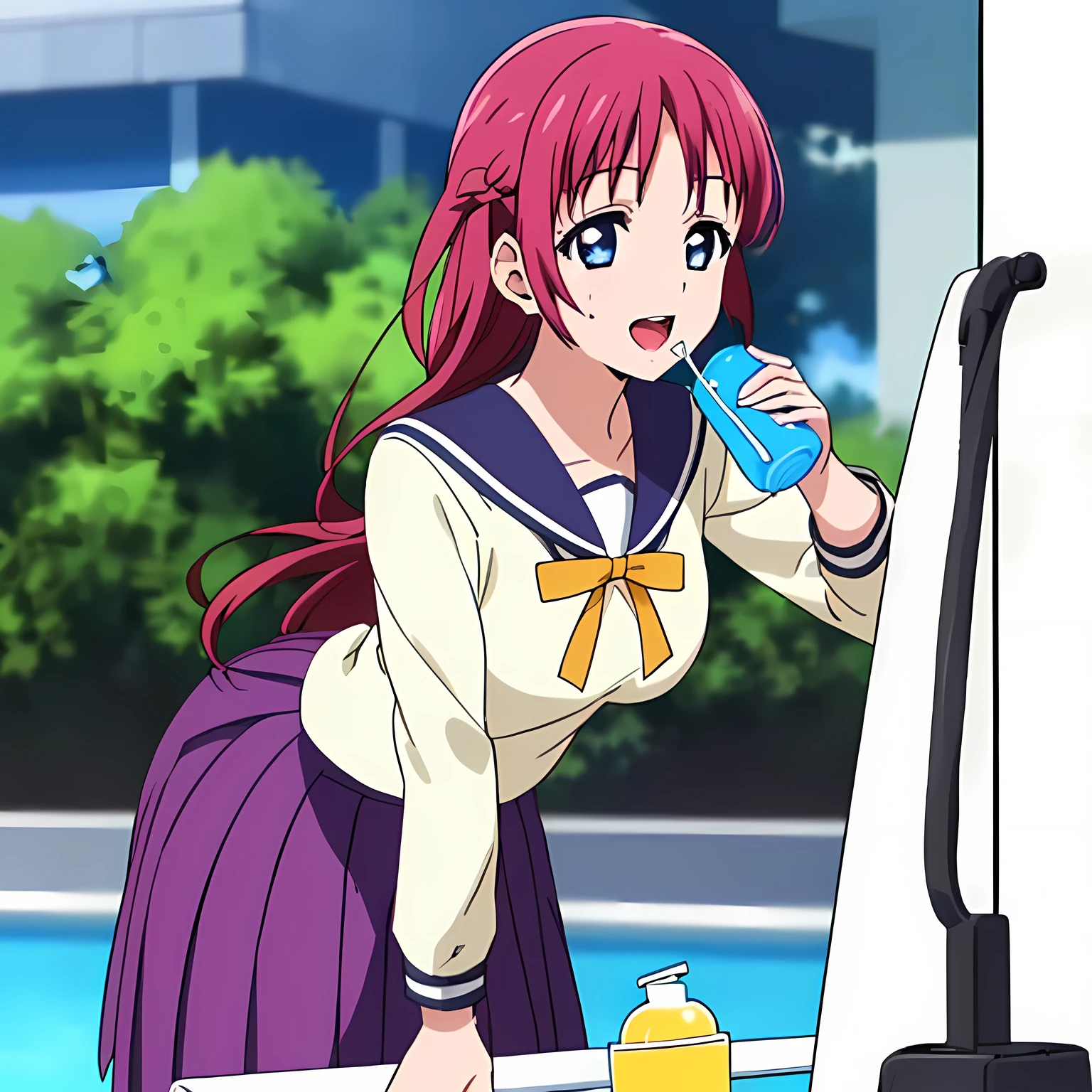 highest quality, (masterpiece:1.2), Very detailed, Game CG, ((((Very beautiful school uniform1A girl is bending over and drinking water from a tap)))), ((The girl everyone loves)), (((Very beautiful long pink hair))), ((((Yellow sailor suit)))), ((Sailor uniforms have blue lines)), ((Dark navy blue checked long skirt)), ((((Very beautiful and shining eyes)))), ((Very long eyelashes)), A big red ribbon on the chest, ((An elegant expression like a noble princess)), (((Beautiful and great smile))), Small face and great posture, ((Give the viewer a heavenly feeling of happiness)), (((Blur the background))), ((A very compassionate face)), ((Anime heroine smiling and open mouth)), ((Slender and shapely breasts)), ((Shooting from the side)), ((((Water gushes out of an upward facing faucet))))