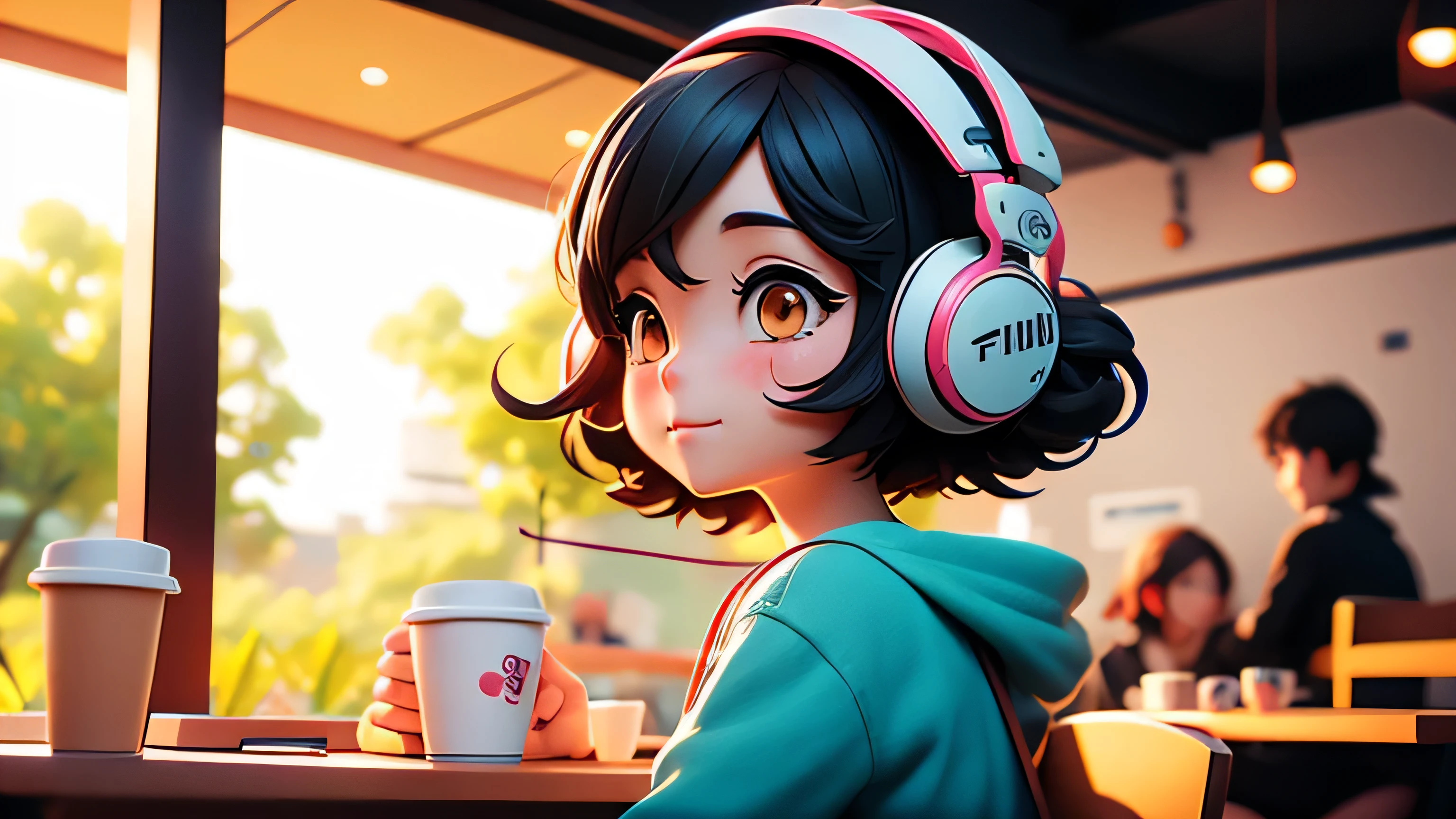 lOfi Music Japanese Anime Style Girl Enjoying Music in a Cafe Headphones Bright Lighting