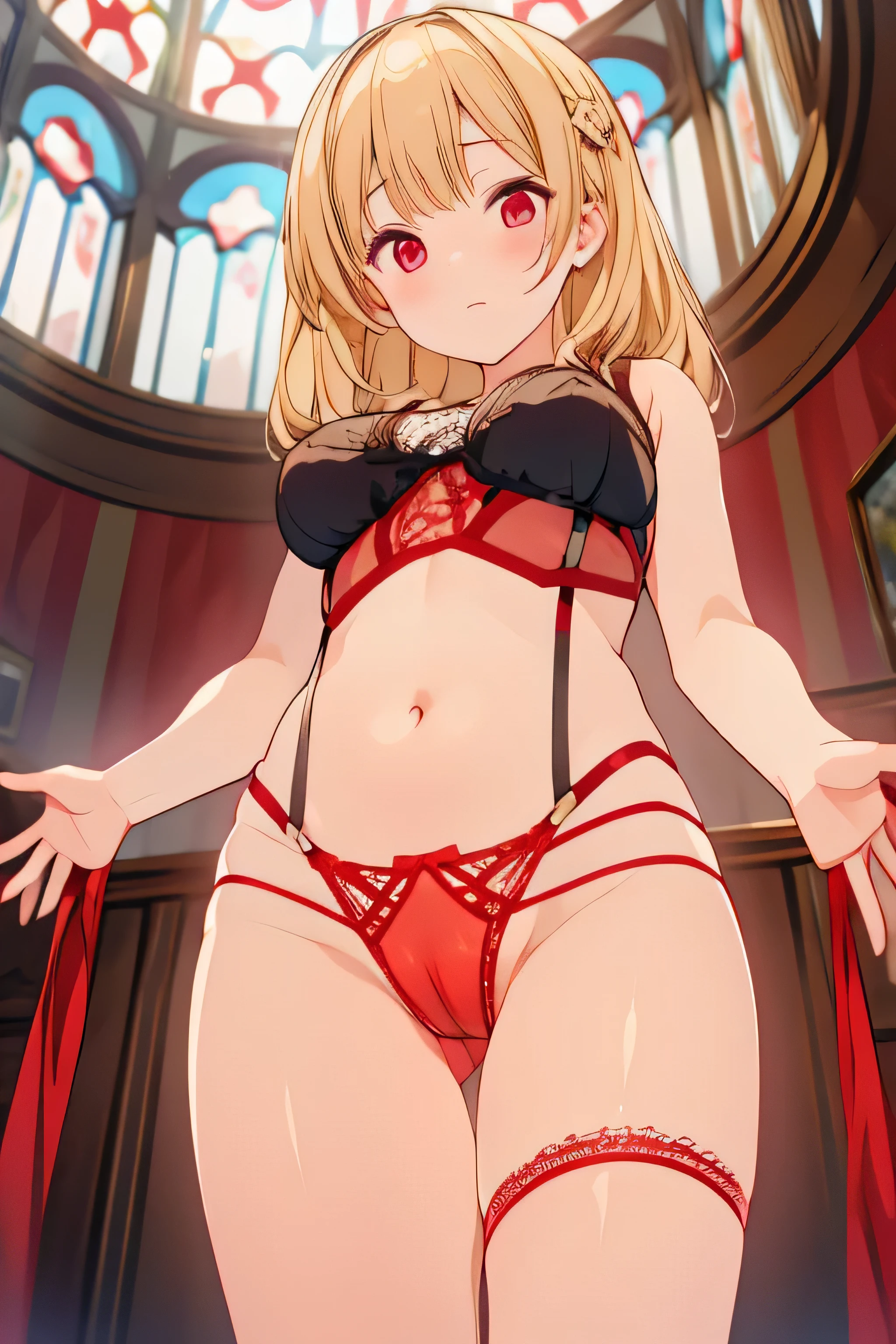 underwear, suspenders, lace,from below,blonde,long hair,red eyes