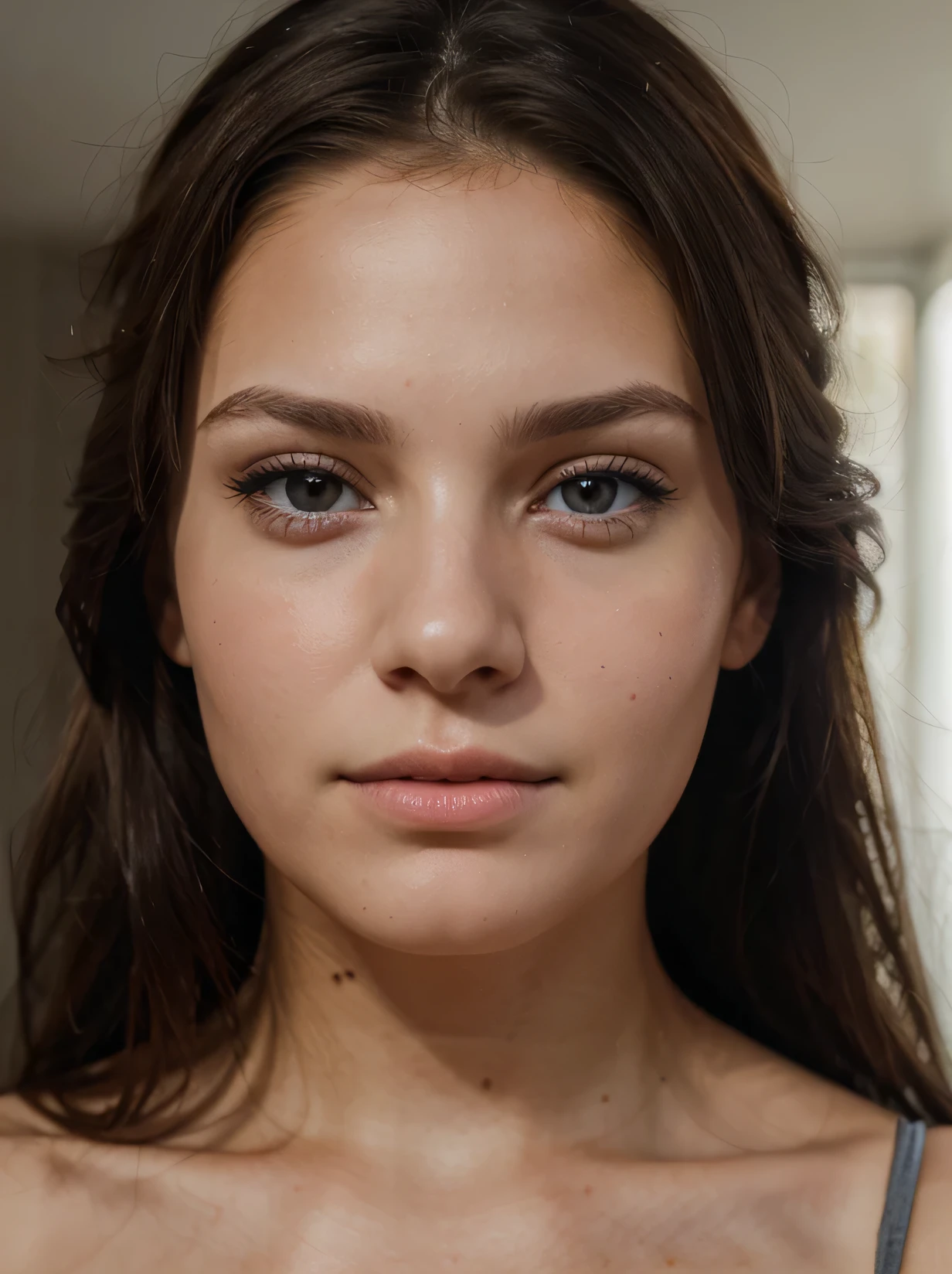 ultra realistic portrait of a beautiful white brunette girl, looking straight into the camera, full face, photo, 4k, ultra realistic skin texture, no makeup