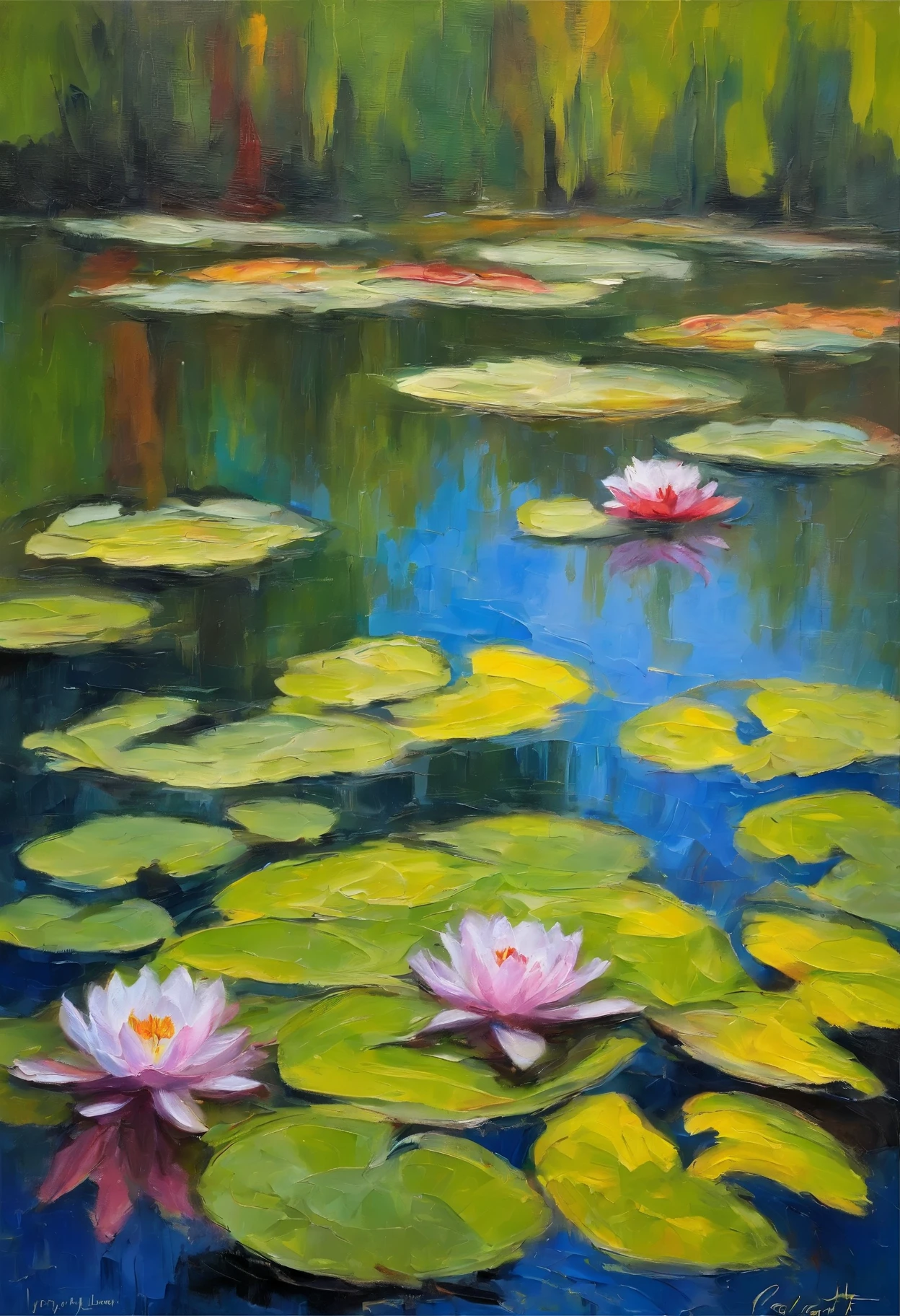 Claude Monet style,Water Lily,Impressionism,Reflection on the surface of the water,Lotus Leaf,Bright colors,Light and shadow,Natural light and shadow,pond,Rippling water,early morning,Rich in details,High Definition