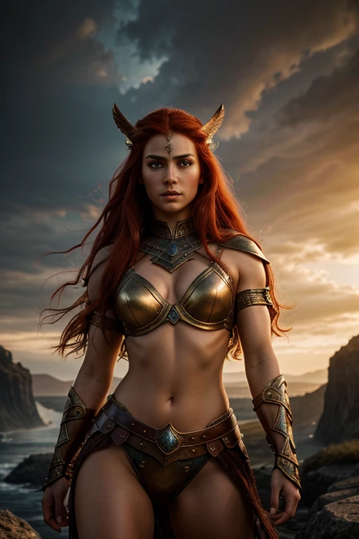 A breathtakingly vivid portrait of a stunningly beautiful Long-Haired Valkyrie with intense red hair, standing majestically in Valhalla on the brink of Ragnarök. Adorned in her seductive gold and diamond armor, this full-bodied image exudes an exhilarating allure. This masterpiece, exhibiting photorealism and epic realism, showcases every intricate detail of her chiseled features and shimmering skin. The lighting is dramatic, casting shadows that accentuate her powerful form, as if captured by the divine gaze of the Norse gods. This image, rendered in stunning 16K UHD, is a testament to