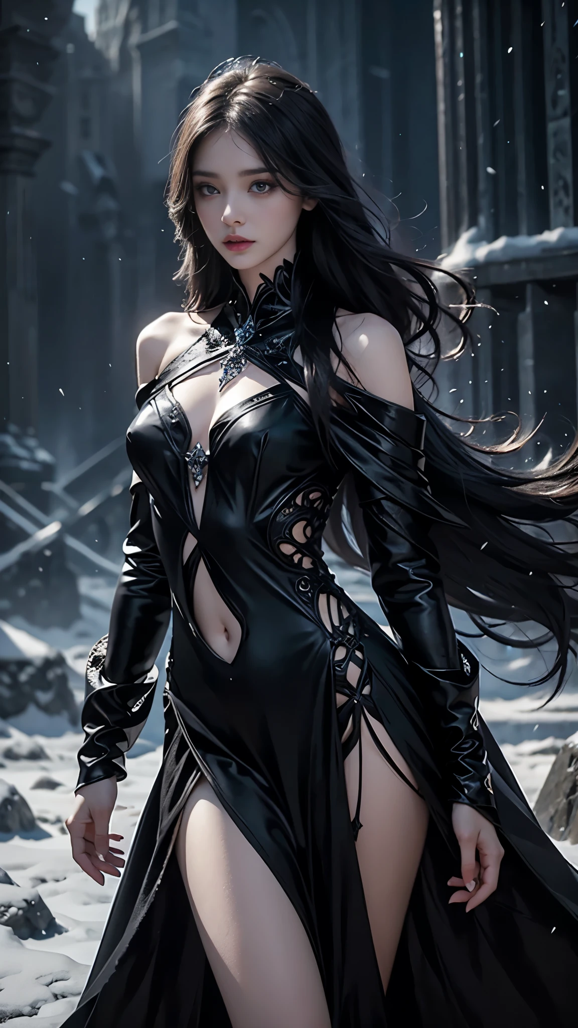 a beautiful ice goddess, good face, very long hair, realistic eyes, small breasts, ice magician, ice elemental, intricate design and details, chilling mist, cold, blizzard storm, conjuring ice spell, casting ice spell, detailed dress, (black dress:1.5), ((navel)), realistic ice effect, snow particles, dark fantasy art style, ruined city, dramatic lighting, cinematic,