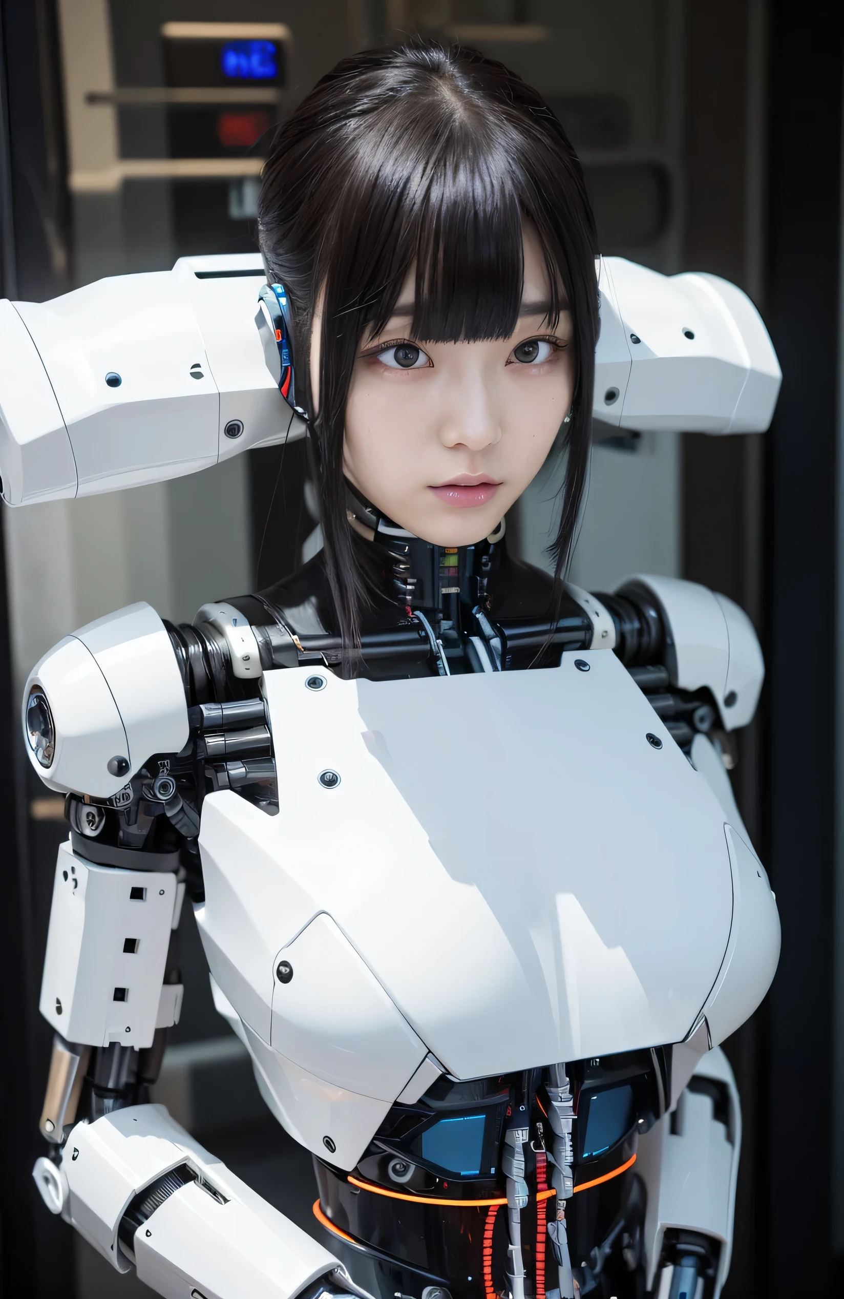 masterpiece, best quality, extremely detailed,  Japaese Cyborg girl,Plump , control panels,android,Droid,Mechanical Hand, Robot arms and legs, Black Robot Parts,Black hair,Mechanical body,Blunt bangs,White robotics parts,perfect robot girl,long tube,thick cable connected her neck,ceramic body ,mechanical body, mechanical ear cover, mechanical costume,android,robot,humanoid,cyborg,japanese android woman ,mechanical chest,full eyes,future laboratory,connecting a cable between the legs,