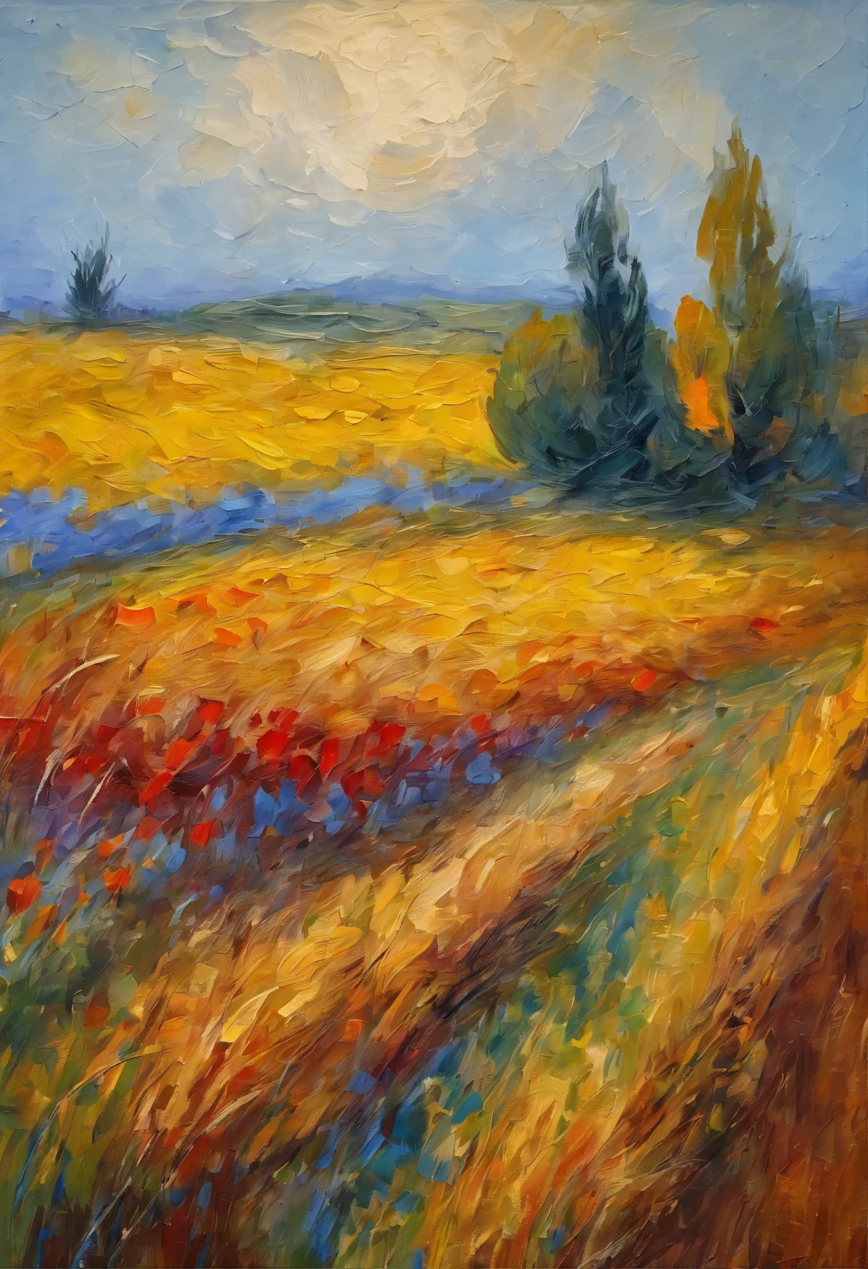 Claude Monet style，field，Sunshine，Golden wheat field，A breeze blows，Clouds fluttering，Light and shadow，colorful，Soft tones，natural scenery，Rural scenery