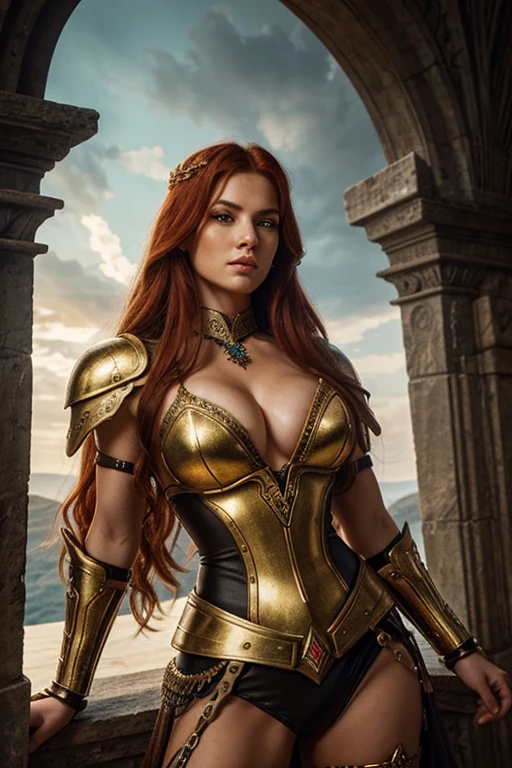 A photorealistic depiction of the stunning, long-haired red-headed Valkyrie, poised on the brink of Ragnarök within the hallowed halls of Valhalla. Resplendent in her provocative gold and diamond armor, the full-bodied image exudes beauty and exuberance.
Employing epic realism, the intricate details of her form are meticulously captured, showcasing a strong and regal physique. With a seductive expression, she makes eye contact with the viewer, adding an air of mystery and allure. The setting is a rich, detailed fantasy background containing elements of a medieval environment, further enhancing the