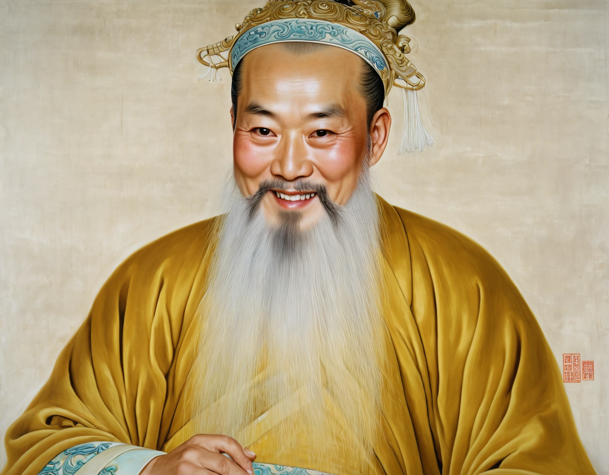 The painting style of the great painter Zhang Xuan of the Tang Dynasty, A portrait of a king of the Tang Dynasty, depicting the Tang Dynasty Emperor Li Longji in old age, wearing a golden dragon robe, a long white beard, smiling, hugging a palace maid tightly, a close-up of the character's upper body, and a detailed description of the deep palace in the background imperial court, UHD