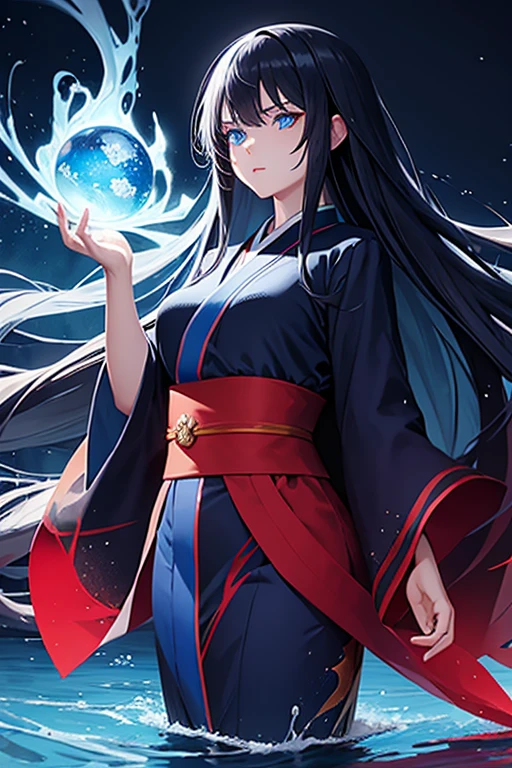 beautiful young girl with long black flowing hair, blue eyes, wearing a red blue kimono, transforming into the Water Goddess, divine water robe, strong water goddess, storm, glowing blue eyes