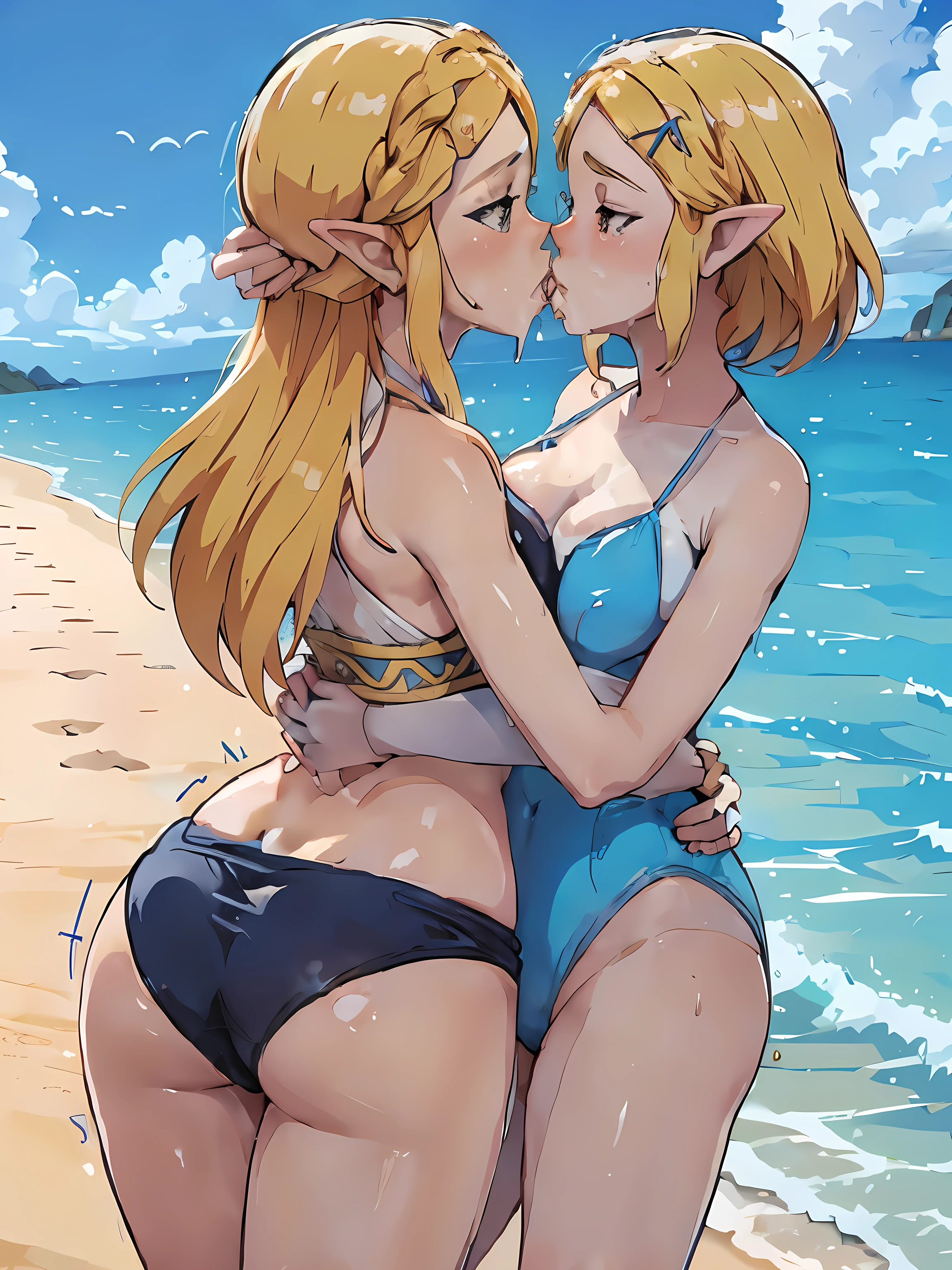 two princess zeldas kissing each other, on beach, in swimsuits, big breasts, big butt, beachside view, wet, ultrasharp