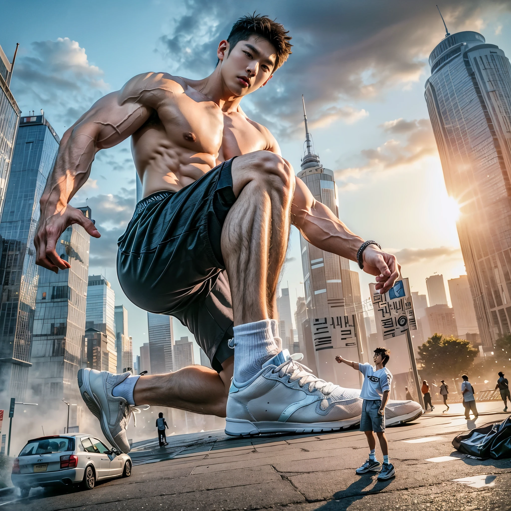 (masterpiece), ((cute korean guy:1.4)), a giant asian guy, handsome korean guy, wearing tight brief, ((wearing brief)), (wearing sneakers:1.3), very big muscles, massive muscles, (wearing sneakers:1.2), ((from below)), perfect hands, muscles, abs, hd, 8k, looking at the viewer, perspective, sky, small people, city