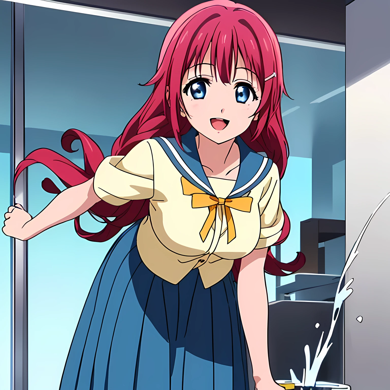 highest quality, (masterpiece:1.2), Very detailed, Game CG, ((((Very beautiful school uniform１A girl is bending over to drink water from an upside-down tap)))), ((The girl everyone loves)), (((Very beautiful long pink hair))), ((((Yellow sailor suit)))), ((Sailor uniforms have blue lines)), ((Dark navy blue checked long skirt)), ((((Very beautiful and shining eyes)))), ((Very long eyelashes)), A big red ribbon on the chest, ((An elegant expression like a noble princess)), (((Beautiful and great smile))), Small face and great posture, ((Give the viewer a heavenly feeling of happiness)), (((Blur the background))), ((A very compassionate face)), ((Anime heroine smiling and open mouth)), ((Slender and shapely breasts)), ((Shooting from the side)), ((Water coming out of an upside down tap))