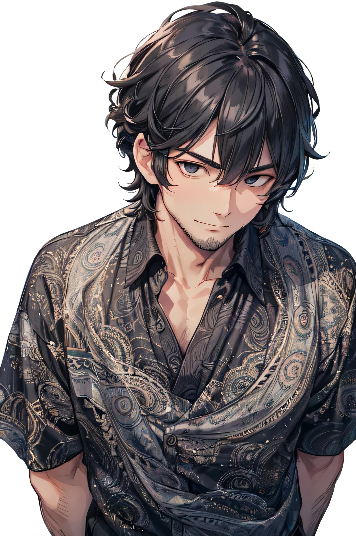 (1 handsome middle age man:1.5), (a middle age man:1.5), 45 year old, Japanese anime style, standing, black hair, medium hair, strong perm, hairstyle that hides left eye, black eyes, with gleaming irises, very short breard, evil grin, folding arms,(Paisley-patterned black shirt with a black neckline:1.3), silver buckle, black pants, (frontal face:1.5), upper body, (angle from the front:1.5), standing, white background,