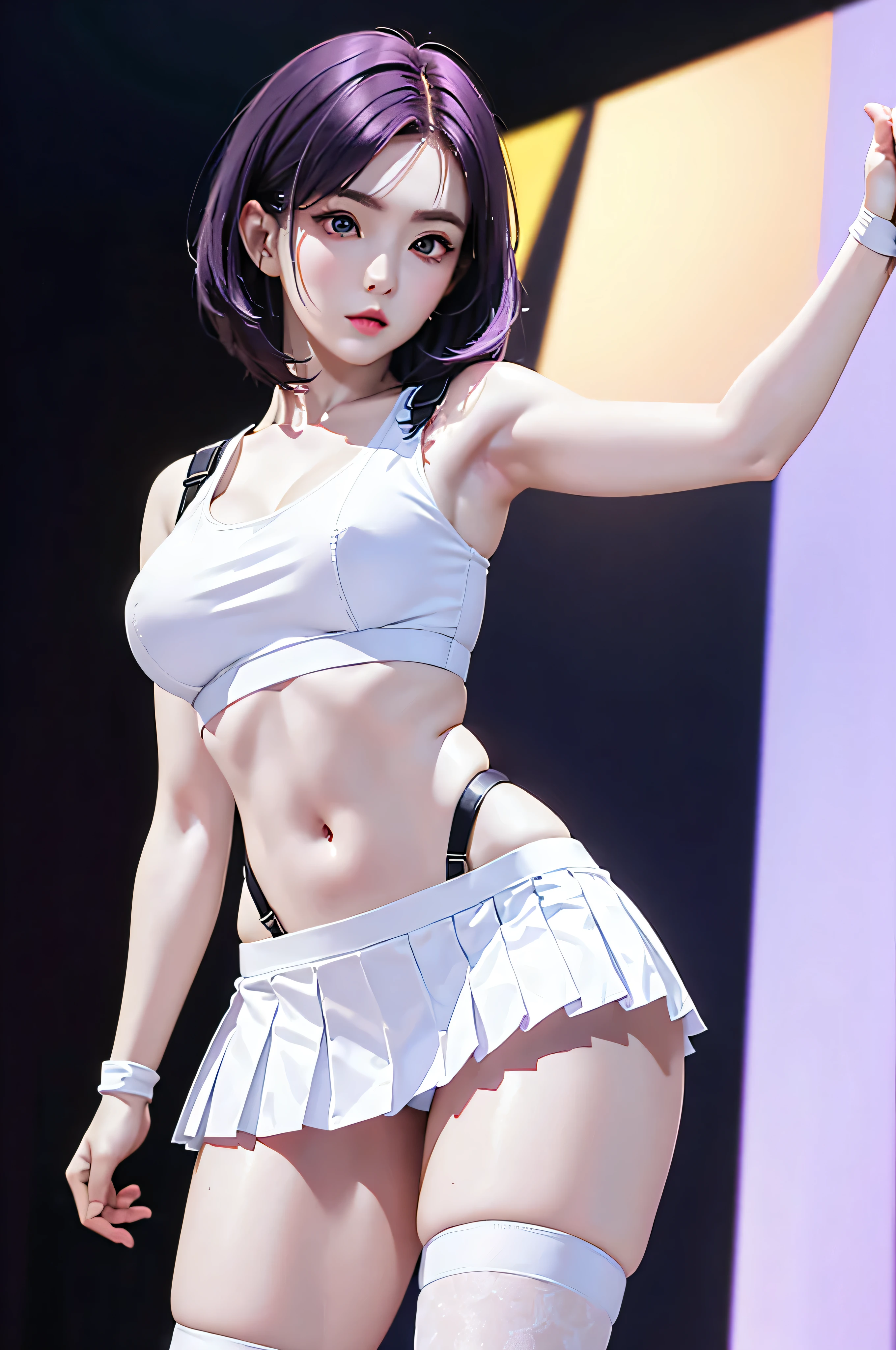 (Finest quality)),(A high resolution),(ultra-detailed art),(Meticulous portrayal),((Best Anime)),(Finest works of art),sharpness,Clear,Ultra-Precision Art,The art of astounding depiction,(masterpiece),
short Hair, purple hair, vibrant purple hair, extremely detailed hair, detailed bangs, with bangs, shoulder-length hair only,
pretty face, beautiful lips, soft lips,pretty face, close up face,serious face, pretty nose, beautiful nose,
pretty eyes, beautiful eyes, detailed eyes, perfect eyes, green eyes,
clear skin,white skin, soft skin, small bust, smooth skin,
korean girl, korean beauty, irene, red velvet irene,
tifa lockhart short hair,white crop top, white tank top, sports bra, suspenders, pleated miniskirt, black thighhighs, arm guards, elbow gloves, fingerless gloves,
standing, cool pose, full body, whole body,show navel, show neck,
super low-angle shot, no background,looking at camera,