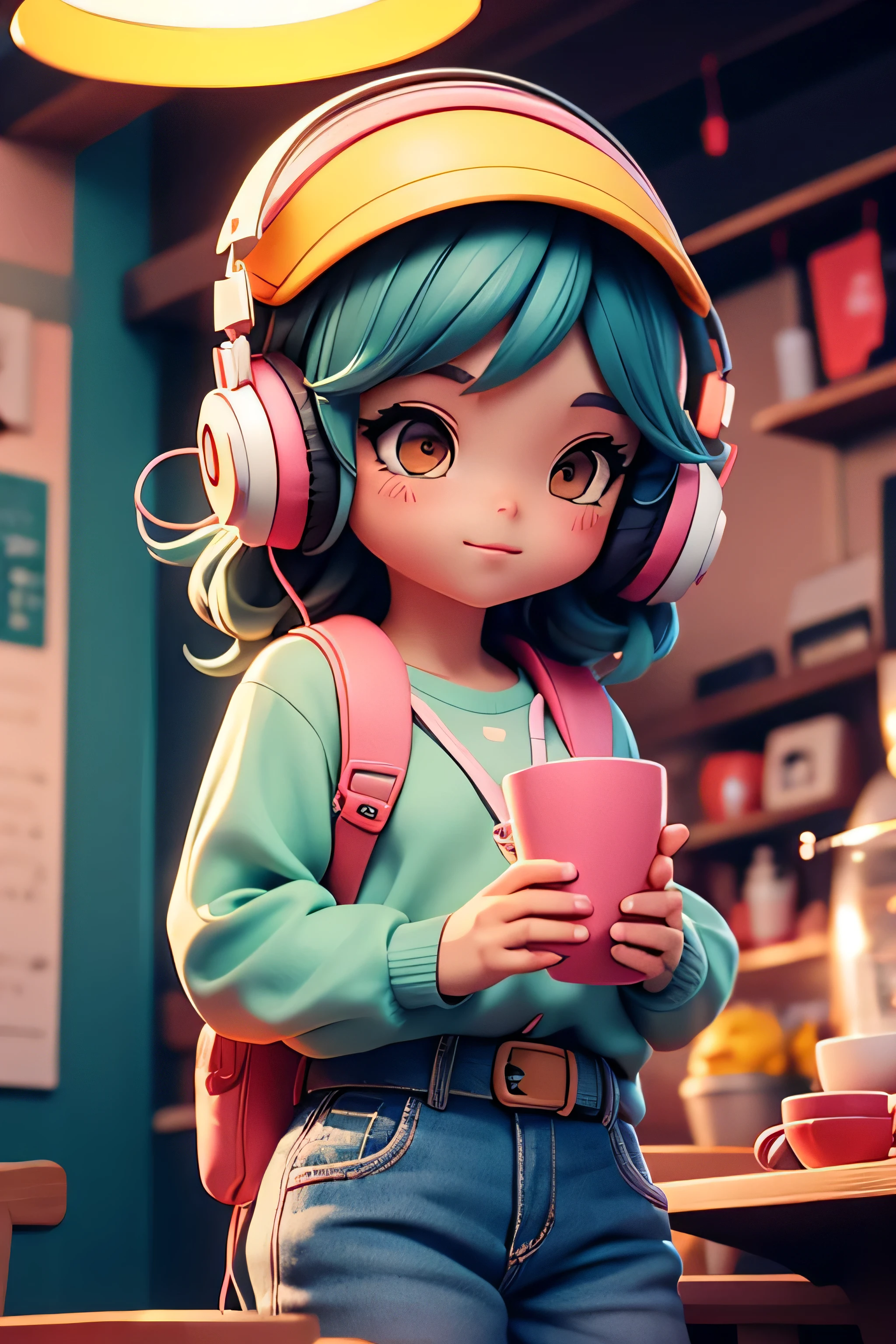 lOfi music, Japanese anime style, bright cafe, girl, headphones,