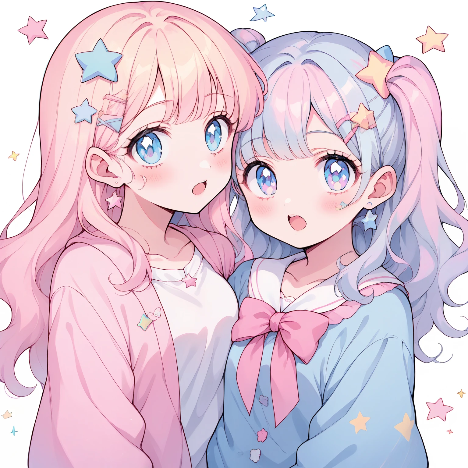 neondskdrmsxl, score_9_climb, score_8_climb, score_7_climb, score_6_climb, 2 girls, alone, pastel colors, open mouth, long hair, star , (mark), star hair accessories, hair accessories, Twintail, look at viewer, blue eyes, pastel neon lighting, source_anime, neon, neon theme , white background Edge distance, beautiful, cute, anime, 2 cute girls