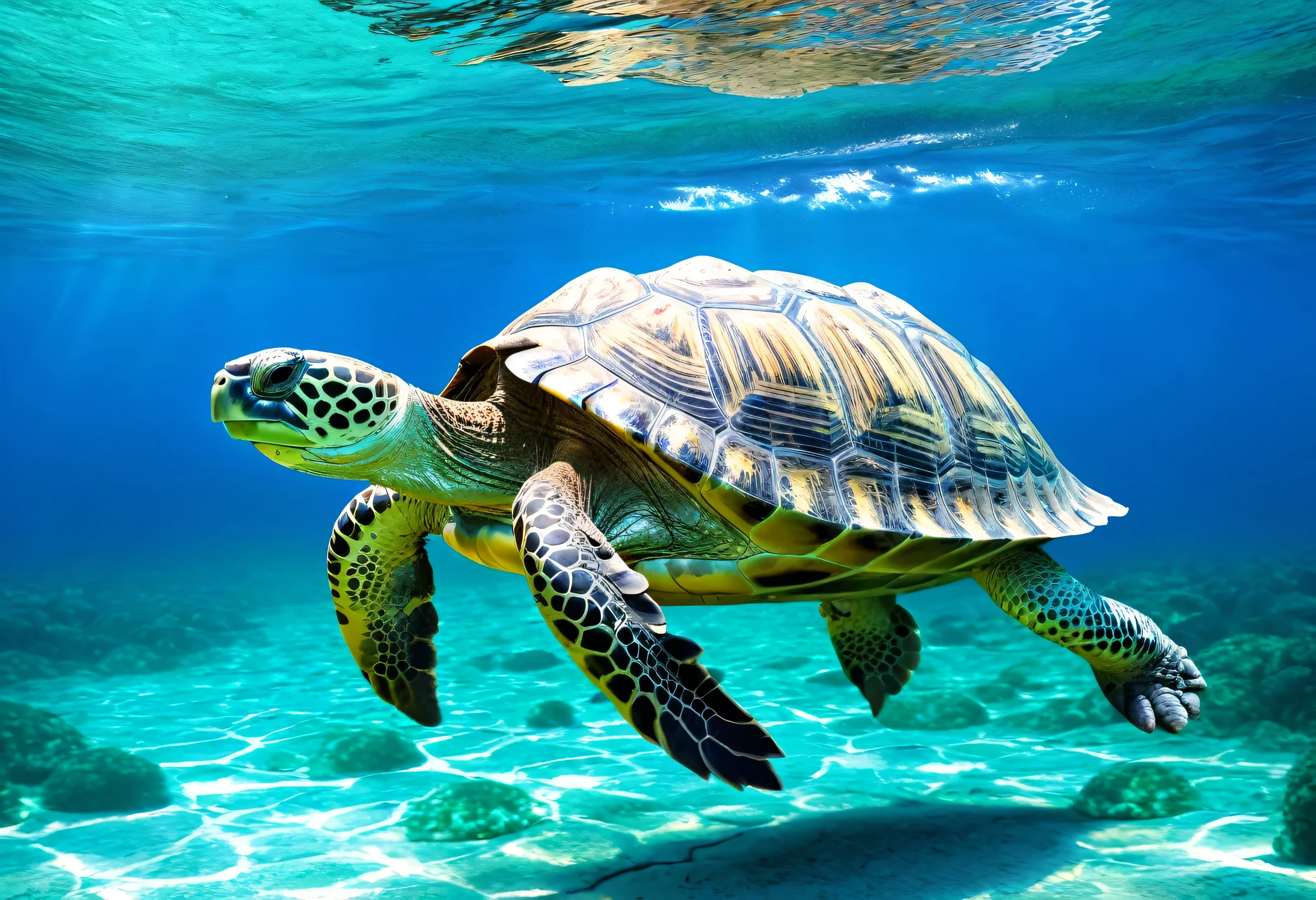 there is a tortoise swimming in the water, Pixabay Contest Winner, Digital Art, sea tortoises, tortoise, world-bearing tortoise, mitch mcconnell as a tortoise, mysterious, Artistic 4k, as an anthropomorphic tortoise, great leviathan tortoise, aged tortoise, tortoises, half tortoise