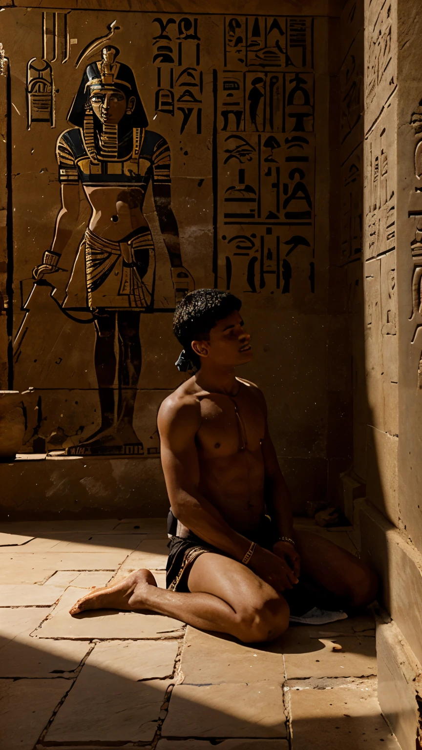 Group of ancient Egyptian priests performing a ritual circumcision on a young boy in a temple against a background of hieroglyphs and statues.
