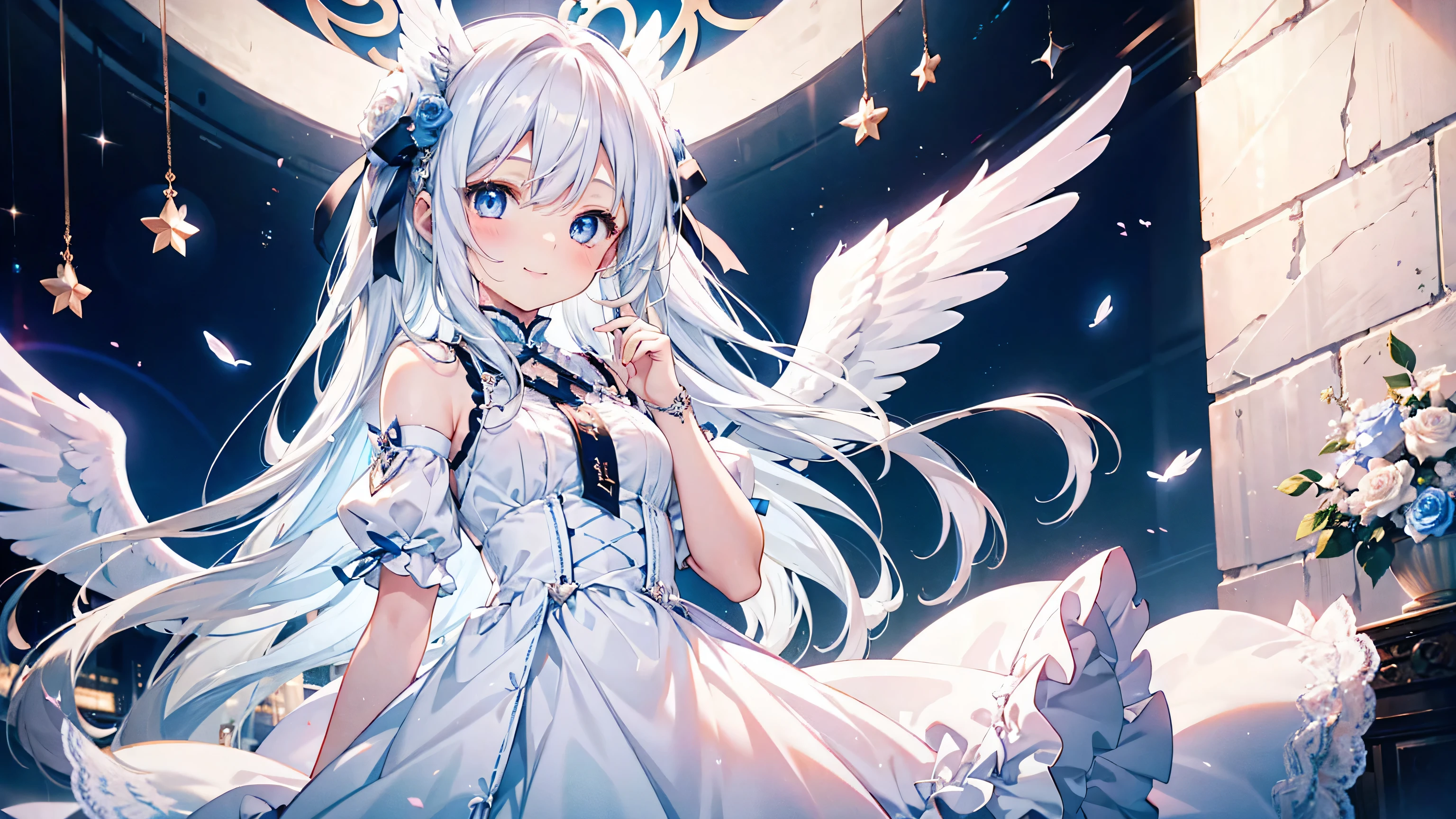 A cute angel girl with long white hair and blue eyes、16 years old、Angel wings on the back、Place index finger on lips、Smile mischievously、White dress、Roses flutter