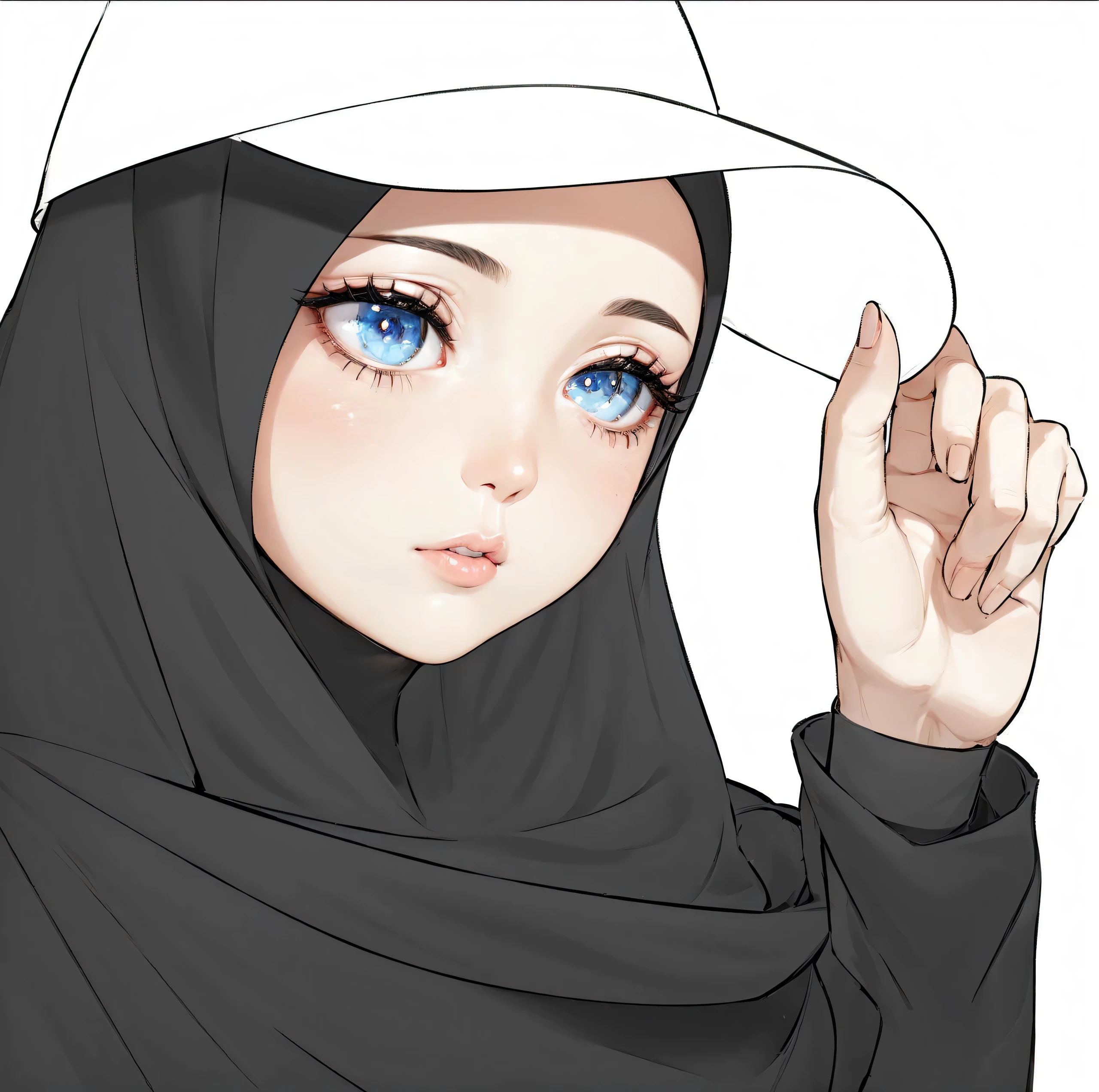 (a)woman,(a)close-up,black hijab,white hat,(detailed)fingers,(detailed)eyes,(detailed)lips,(detailed)cheeks,(best quality:1.2),(ultra-detailed),(realistic:1.37),portrait,vivid colors,soft lighting