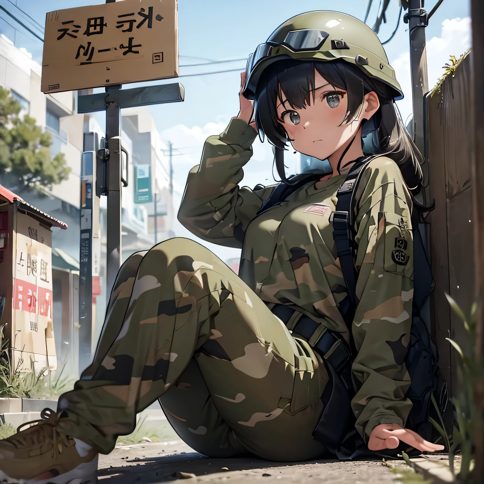 Wearing a camouflage helmet、Wearing camouflage clothes and pants、Holding a machine gun、A 20-year-old woman lying on the ground, looking at the camera with a sad expression on her face, screaming