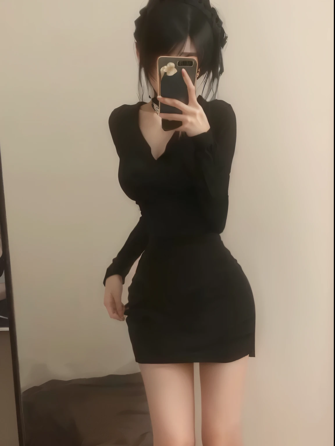 araffed woman in a Black skirt taking a selfie in a mirror, Dark dress, she is wearing a Black skirt, wearing Black skirt, wearing a Dark dress, Black skirt, Succubus in tight skirt, wearing a tight Black skirt, dark Black skirt, Sexy dress, wearing a Black skirt, whole body! Pretty Face, 2 4--old ale model