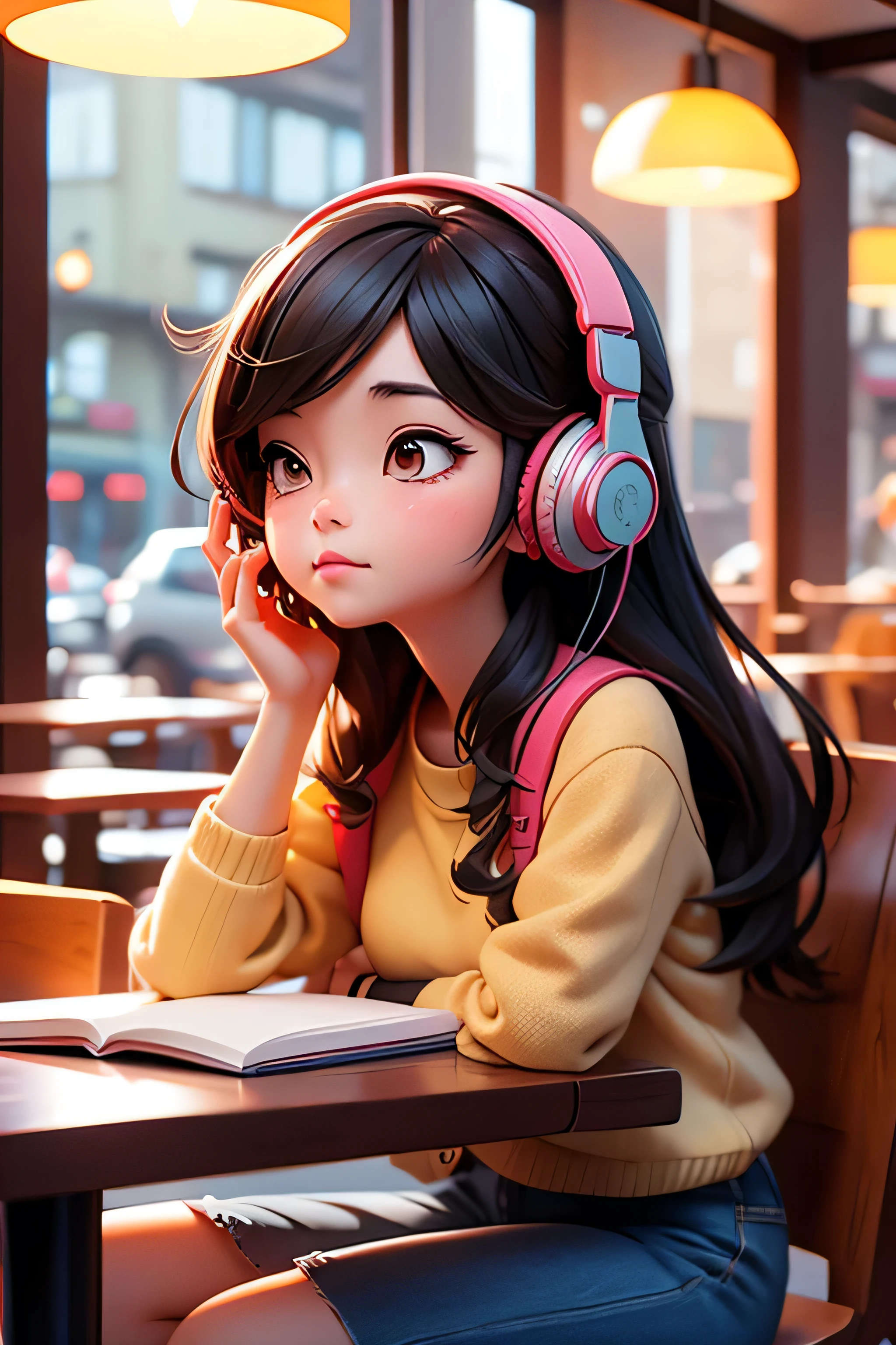 lOfiMusic Japanese anime style Girl studying in a cafe earphone Warm lighting