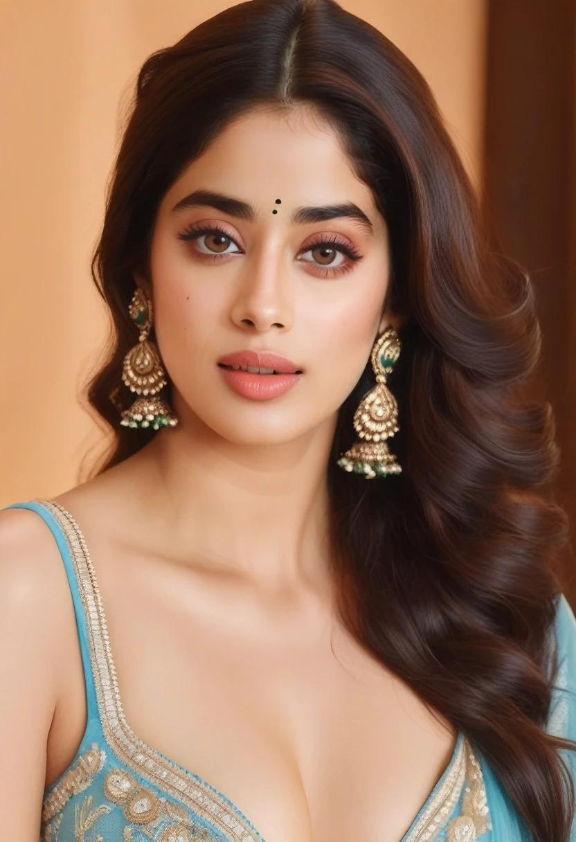 JanhviKapoor,  indoors background, (best quaity, 4k, ultra HD, sharp focus), beautiful face, erotic pose, realistic photo, ultrarealism, symmetric, cleavage, hot sexy, realistic skin texture