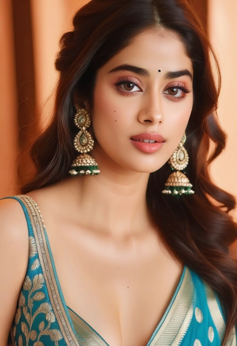 JanhviKapoor,  indoors background, (best quaity, 4k, ultra HD, sharp focus), beautiful face, erotic pose, realistic photo, ultrarealism, symmetric, cleavage, hot sexy, realistic skin texture