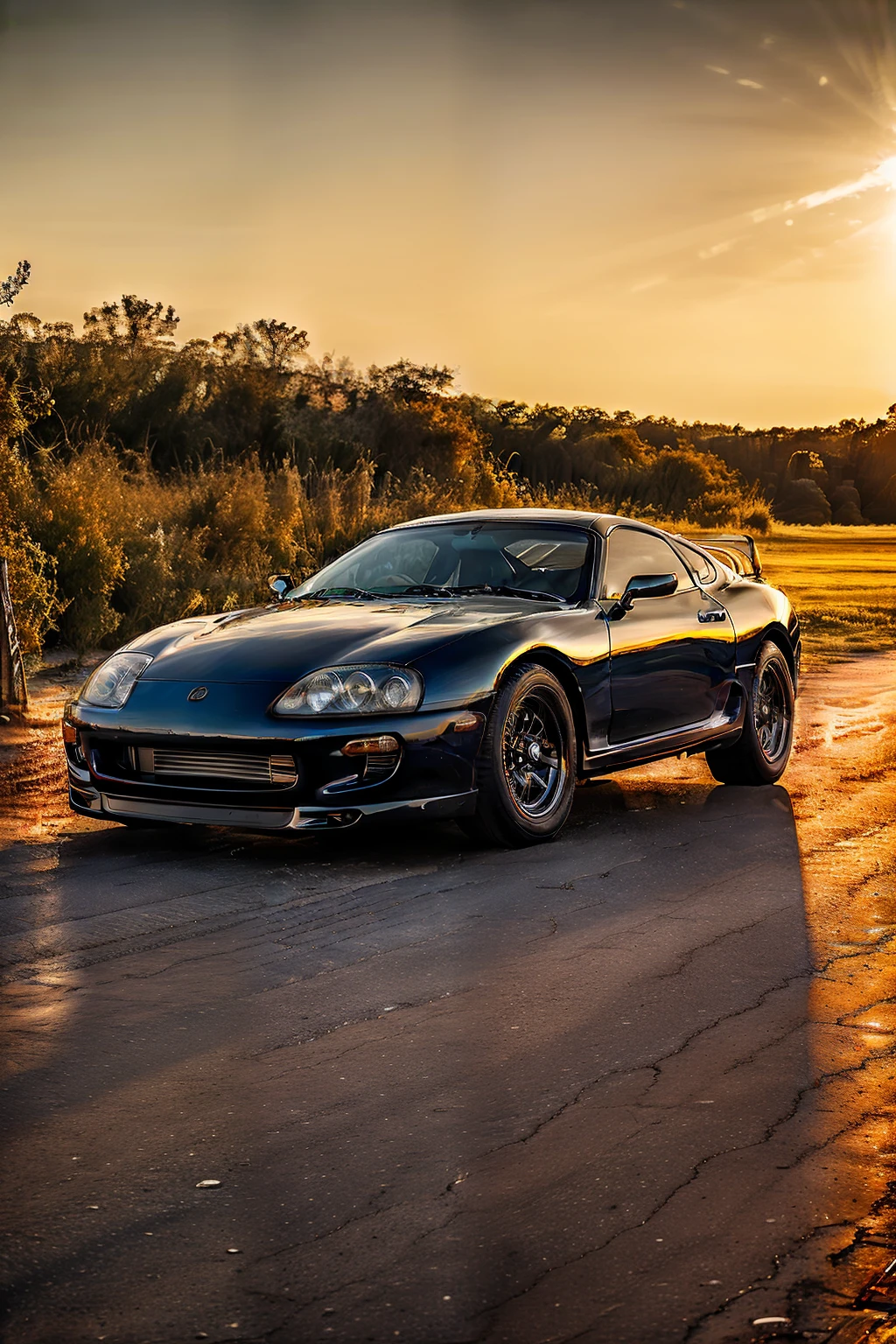 A majestic vintage car, bathed in the golden hues of an HDR-enhanced sunset, sits elegantly on a dusty, cobblestone street. The car's sleek and stylish design, reminiscent of a bygone era, gleams under the spotlight of the setting sun. Its chrome details sparkle, reflecting the dynamic play of light and shadows that envelops the scene. The car's old-world charm is further accentuated by the soft, warm glow of the street lamps, casting a romantic ambiance over the quiet, deserted street. Captured in HDR, every detail of the car, from its luxurious leather interior to the intricate