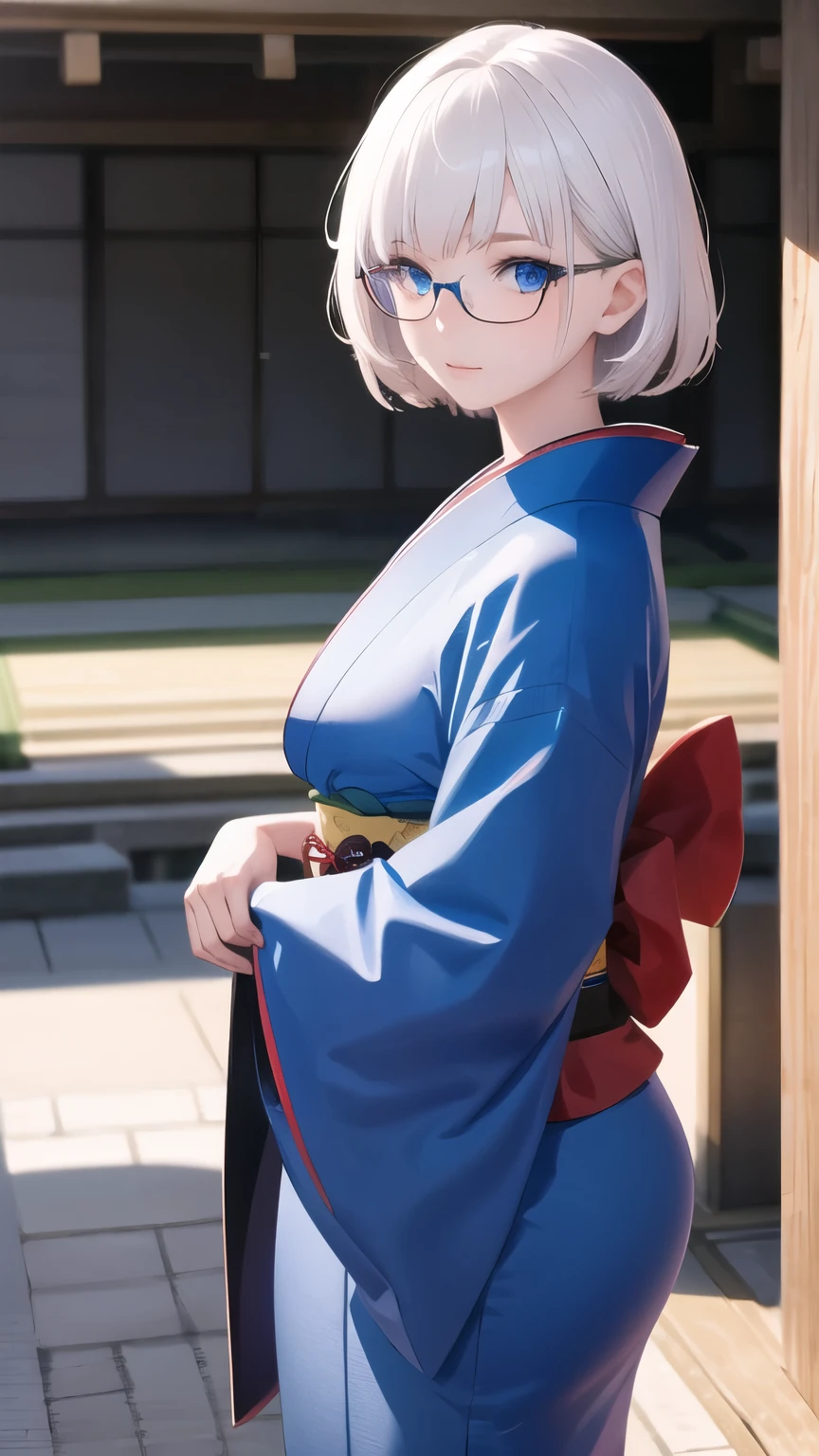 1Lady, short white hair, bangs, blue eyes, glasses, blue kimono, traditional japanese, high res, ultrasharp, 8K, masterpiece, looking at viewer, sunny, Japanese scenery