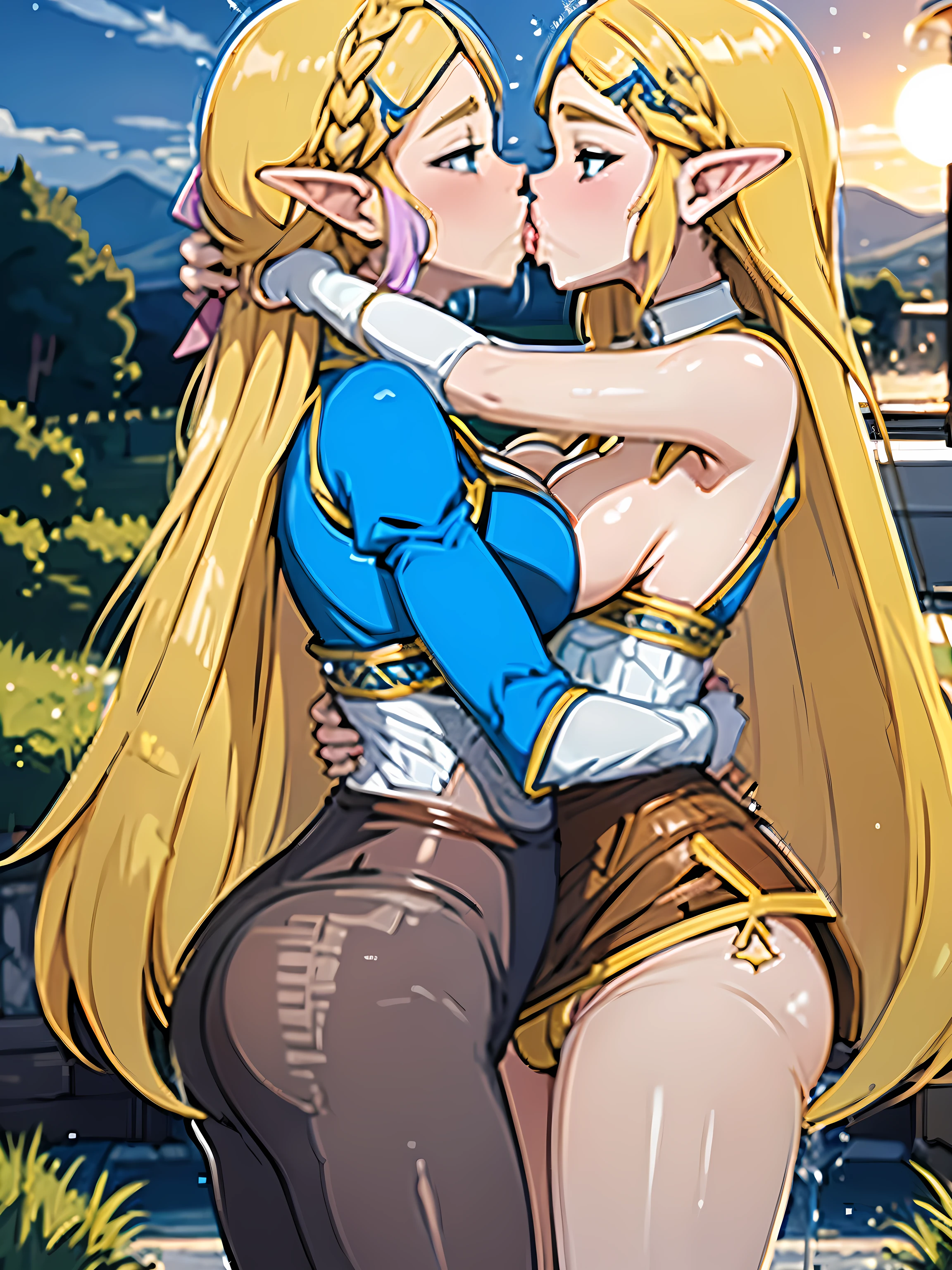 princess Zelda and her twin kissing, anime sex scene, long blonde hair, big breasts, big butt, revealing tight dress, 2girls fondling each other while kissing in fountain, sunset background