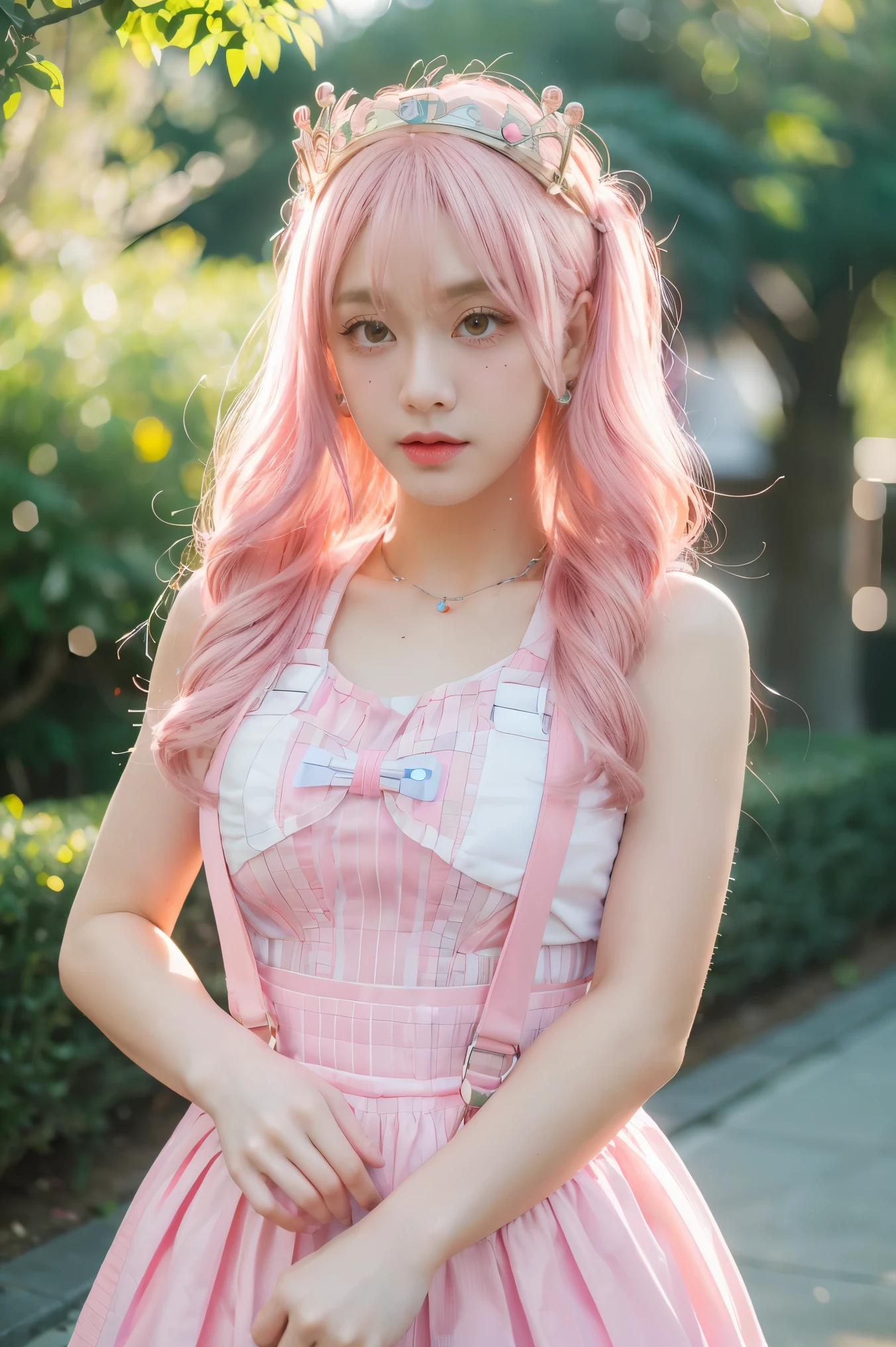 (8k, RAW photo, best quality, masterpiece), ultra high resolution, (realistic, photo-realistic), 1girl, emotionless, solo, pink hair, yellow eyes, professional lighting, detailed lighting, backlight, depth of field, natural lighting, sharp focus, two meter shooting distance, professional photo shoot, detailed eyes, realistic eyes, detailed shadow, cg game, cosplay, pink clothes with arm ring, suspenders, upper body, pink clothes, exterior, crown, Gundam, Mecha, robot