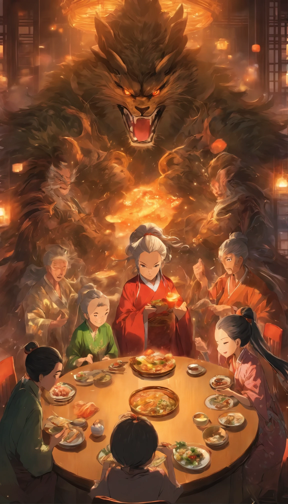 masterpiece,best quality,China Hotel,night,Three elderly people and two children are eating around a round table