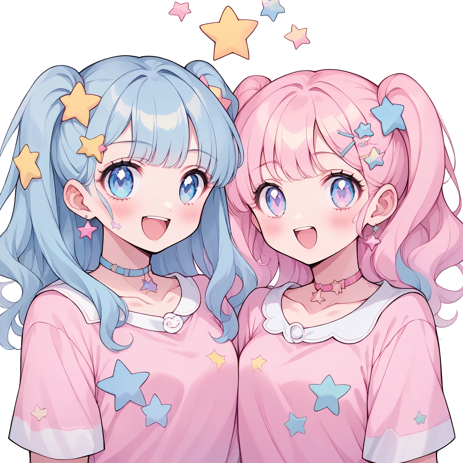 neondskdrmsxl, score_9_climb, score_8_climb, score_7_climb, score_6_climb, 2 girls, alone, pastel colors, open mouth, long hair, star , (mark), star hair accessories, hair accessories, Twintail, look at viewer, blue eyes, pastel neon lighting, source_anime, neon, neon theme , white background Edge distance, beautiful, cute, anime, 2 cute girls