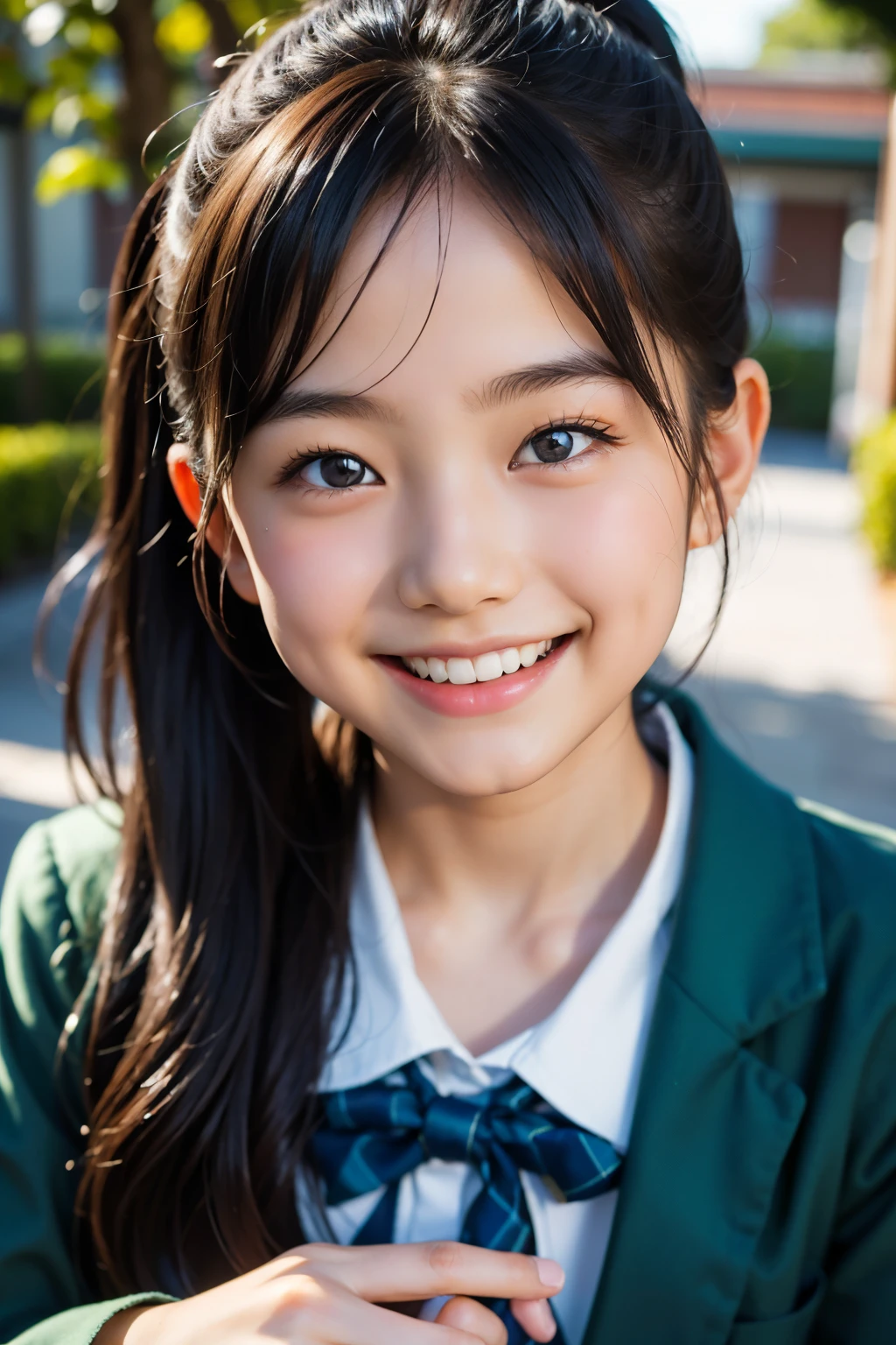 lens: 135mm f1.8, (highest quality),(RAW Photos), (Tabletop:1.1), (Beautiful 6 year old Japanese girl), Cute Face, (Deeply chiseled face:0.7), (freckles:0.4), dappled sunlight, Dramatic lighting, (Japanese School Uniform), (On campus), shy, ponytail, (Close-up shot:1.2), (smile),, (Sparkling eyes)、(sunlight),