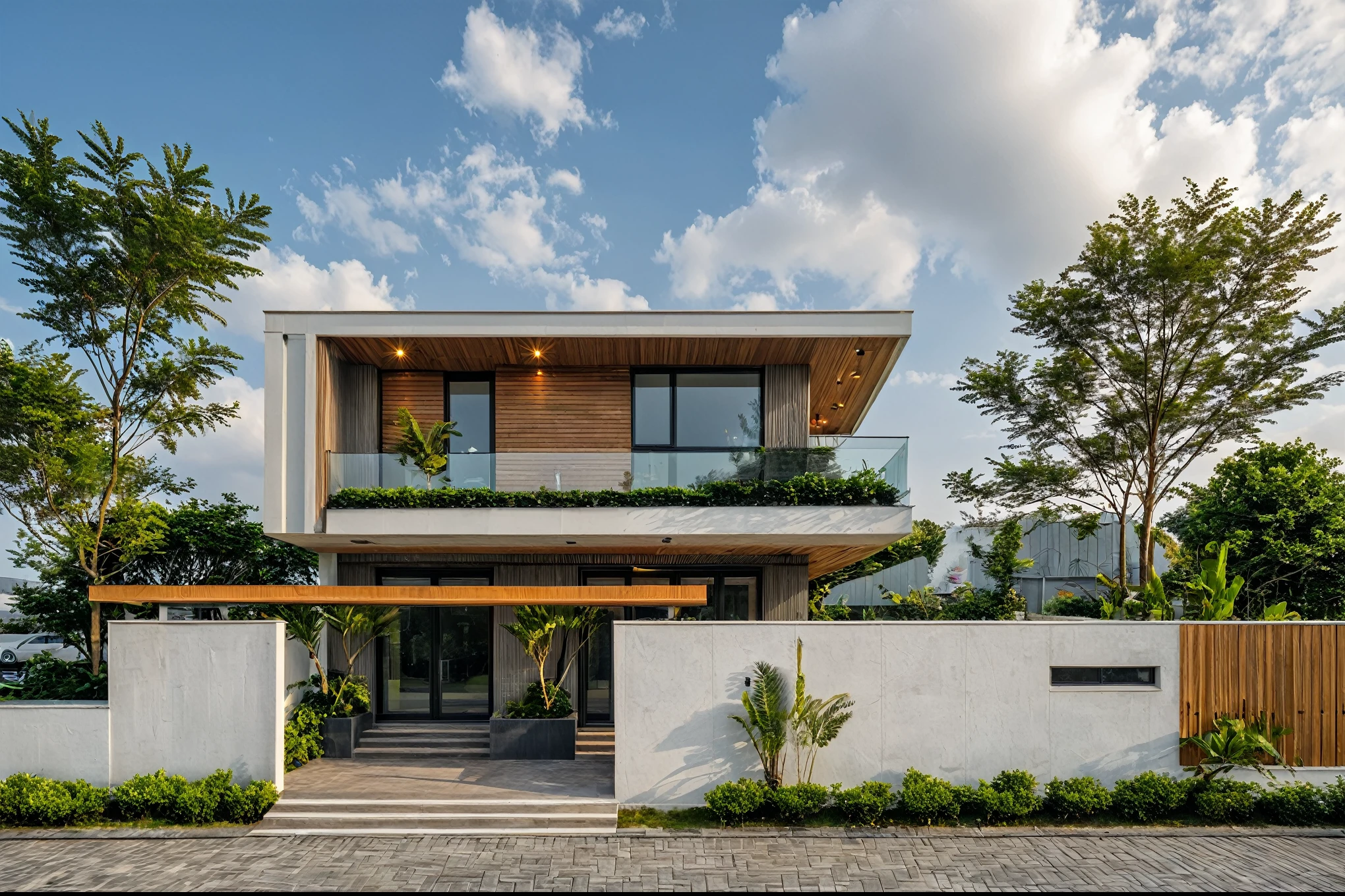 Masterpiece, high quality, best quality, authentic, super detail, outdoors, onestoreyvillaXL, aiaigroup, house style modern on the street ,stairs, white wall ,road,pavement, grass, trees, sky, cloud, (daylight:1.1)