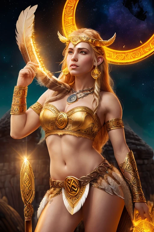 Diosa Freyja en el Valhalla, hermosa y sensual, (Deidad vikinga:1.3), (Deidad de la fertilidad:1.2), (Deidad de la guerra:1.2), (High resolution image:1.3), (Detalles realistas:1.3), (athletic body:1.15), (Eagle feather tunic:1.3), (Una enorme corona de oro:1.3), (Luz de oro brillante:1.2), (Fondo oscuro:1.2), (Ciel