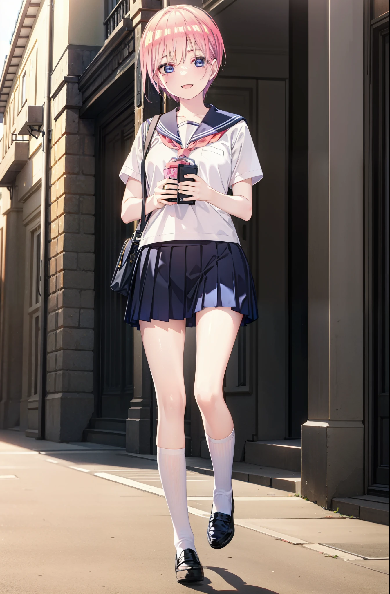 ichikanakano, ichika nakano, short hair, bangs, blue eyes, Hair between the eyes, Pink Hair, smile,happy smile, smile, Open your mouth,Big Breasts,Japanese schoolgirl(Red Sailor Suit),Short sleeve,Black pleated skirt,White knee socks,Brown Loafers,evening,Sunset,The sun is setting,sunny,whole bodyがイラストが入るように,Looking up from below,Walking,
break outdoors, In town,Building district,
break looking at viewer, whole body,
break (masterpiece:1.2), highest quality, High resolution, unity 8k wallpaper, (shape:0.8), (Beautiful details:1.6), Highly detailed face, Perfect lighting, Highly detailed CG, (Perfect hands, Perfect Anatomy),