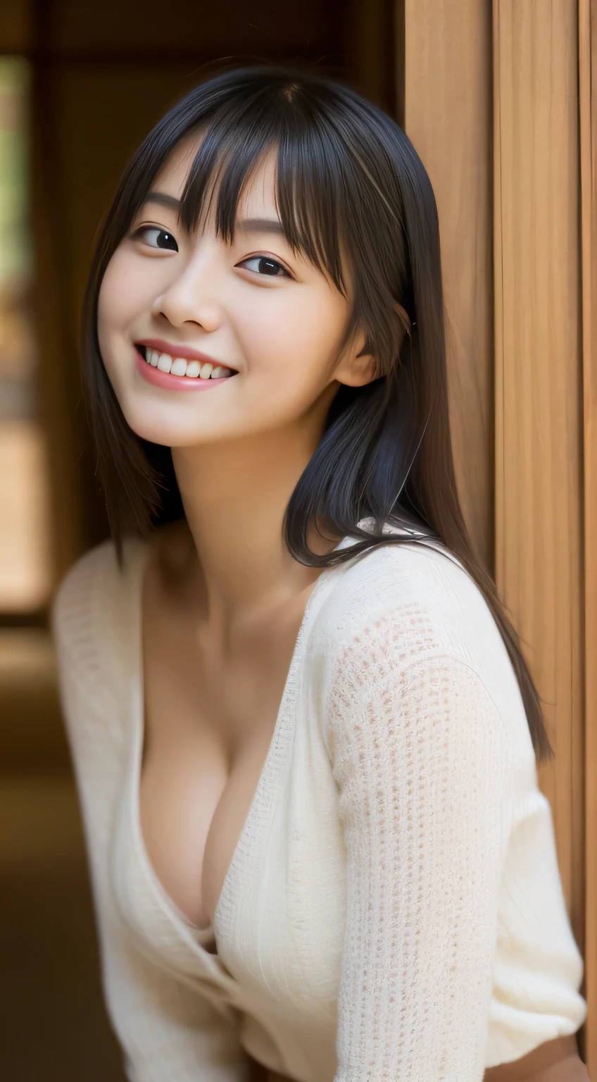 masterpiece,best quality,(Japanese ),((Beautiful girl)),cleavage,indoor,(perfect body beauty:1.2),(shy smile),beautiful teeth,