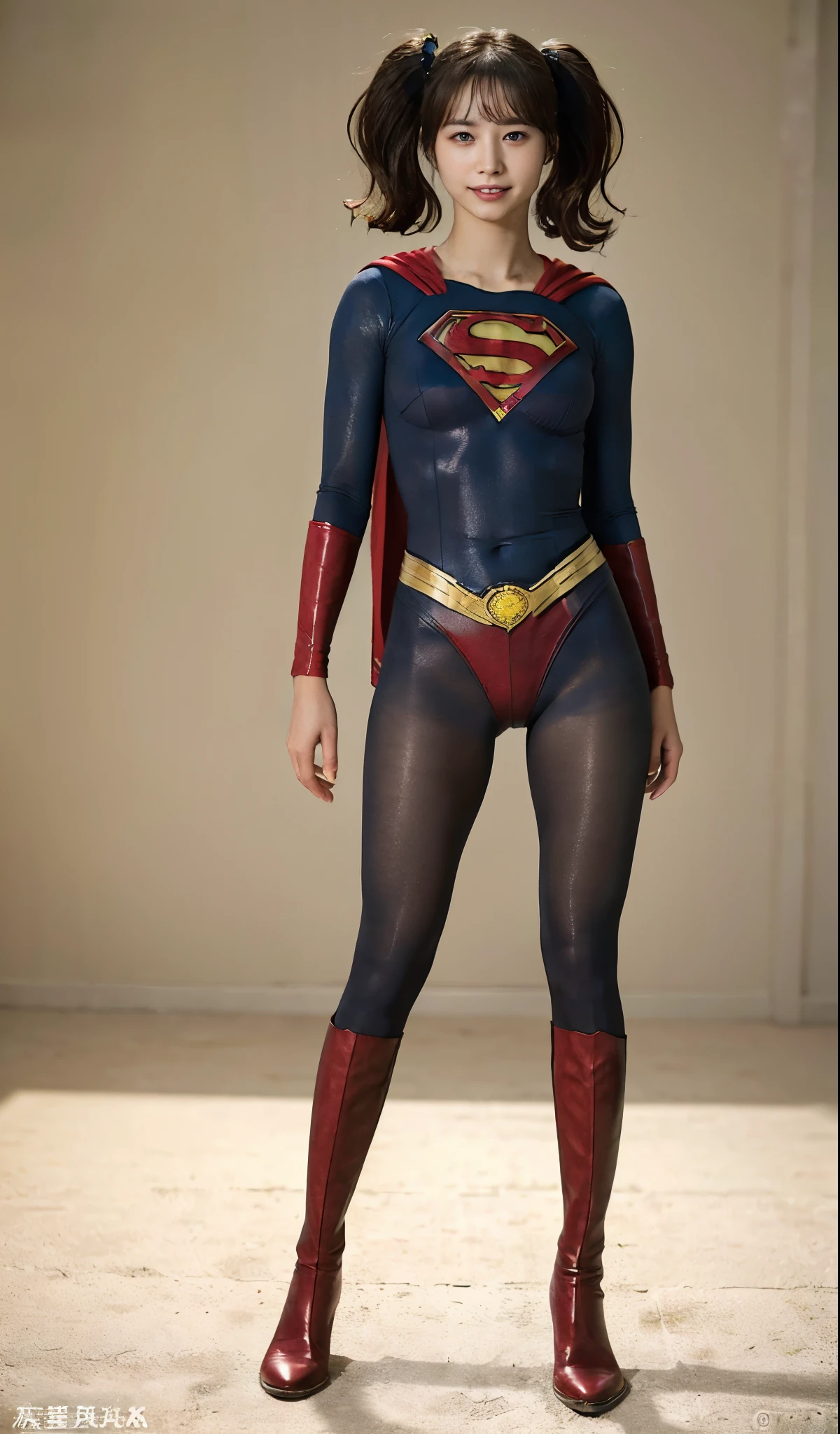 No background、(((Beautiful legs in black tights.)))、(((Legally express the beauty of your smile)))、((((Make the most of your original images)))、(((Supergirl Costume)))、(((Beautiful hair with twin tails)))、(((suffering)))、(((Please wear black tights....、Wear red boots)))、((Best image quality、8k))、((highest quality、8k、masterpiece:1.3))、(((Preserve background )))、Sharp focus:1.2、Beautiful woman with perfect figure:1.4、Slim Abs:1.2、Wet body:1.5、Highly detailed face and skin texture、8k