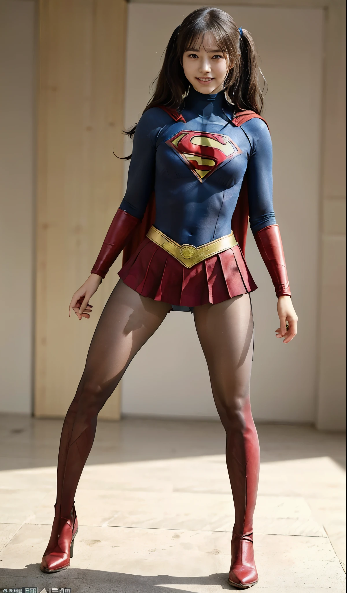 No background、(((Beautiful legs in black tights.)))、(((Legally express the beauty of your smile)))、((((Make the most of your original images)))、(((Supergirl Costume)))、(((Beautiful hair with twin tails)))、(((suffering)))、(((Please wear black tights....、Wear red boots)))、((Best image quality、8k))、((highest quality、8k、masterpiece:1.3))、(((Preserve background )))、Sharp focus:1.2、Beautiful woman with perfect figure:1.4、Slim Abs:1.2、Wet body:1.5、Highly detailed face and skin texture、8k