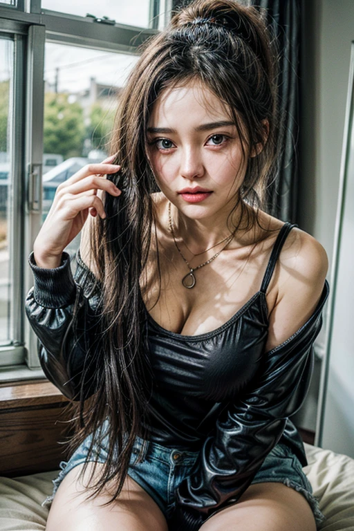 realistic, 1 women, best quality, 12k, HD, long hair, big round breasts, cleavage, ponytail, necklace, jewelry, shorts, short jacket, slim hips, hair tie, yellow eyes, black hair, super detailed, Eye details, hair details, person details, mouth details, face details, breast details, clothes details, hair details, pants details, hand details, whole body