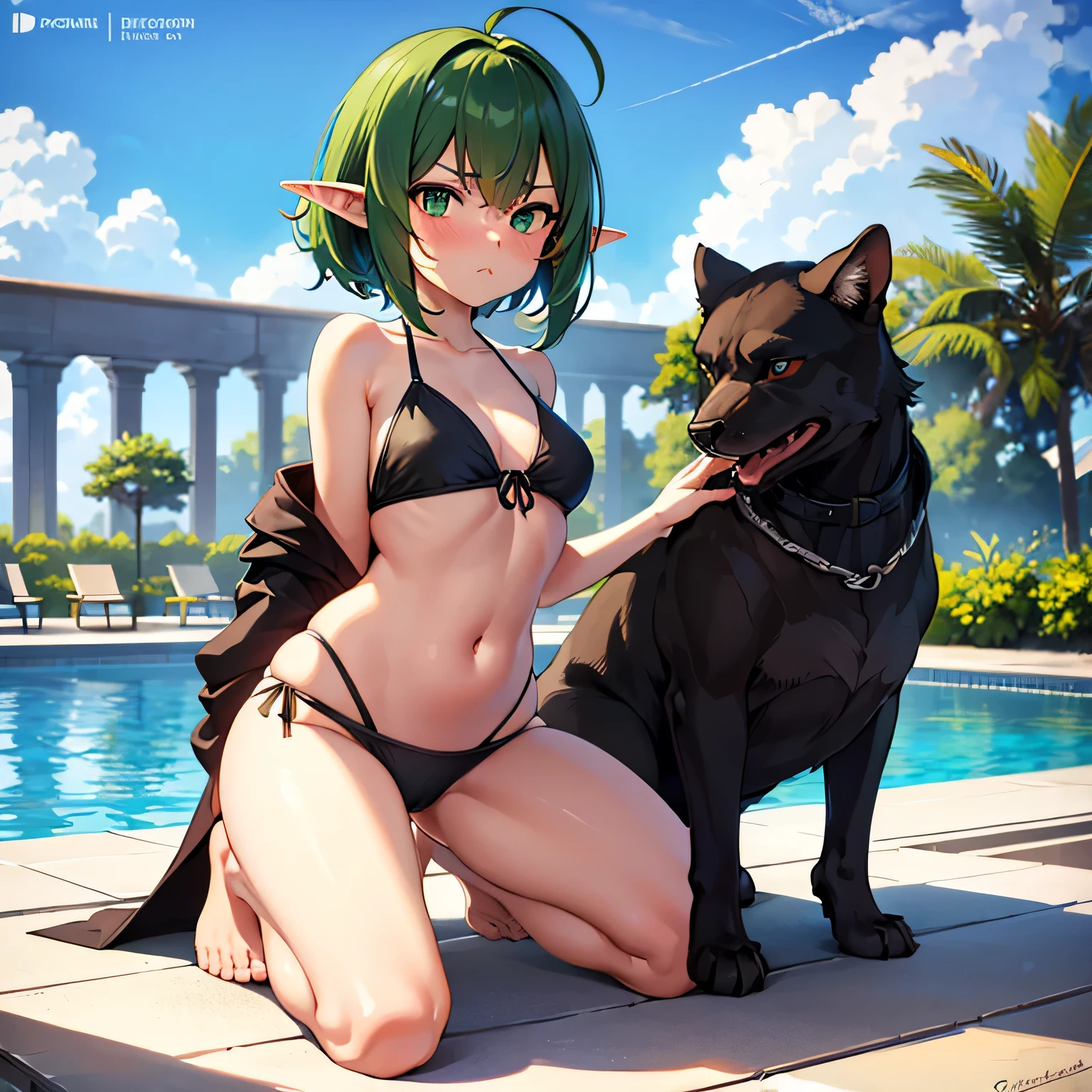 best quality, （masterpiece）, Solitary, 1 Girl,  us_Erindale,Green Eyes, Green Hair, 1 Girl,((whole body)),anatomically correct,Turn your back to the camera,kneeling by the pool,swimsuit,Big ,Solitary, Pointed ears, Elf,angry expression,mouth open,O line mouth， Pout ，shy，blush，Stare at this person，Lean forward,looking into camera,