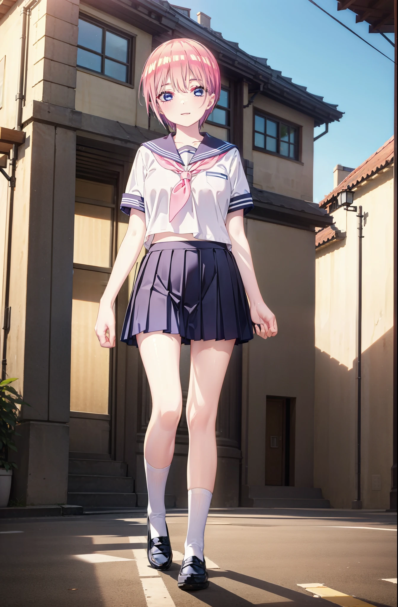 ichikanakano, ichika nakano, short hair, bangs, blue eyes, Hair between the eyes, Pink Hair, smile,happy smile, smile, Open your mouth,Big Breasts,Japanese girl(Red Sailor Suit),Short sleeve,Black pleated skirt,White knee socks,Brown Loafers,evening,Sunset,The sun is setting,sunny,whole bodyがイラストが入るように,Looking up from below,Walking,
break outdoors, In town,Building district,
break looking at viewer, whole body,
break (masterpiece:1.2), highest quality, High resolution, unity 8k wallpaper, (shape:0.8), (Beautiful details:1.6), Highly detailed face, Perfect lighting, Highly detailed CG, (Perfect hands, Perfect Anatomy),