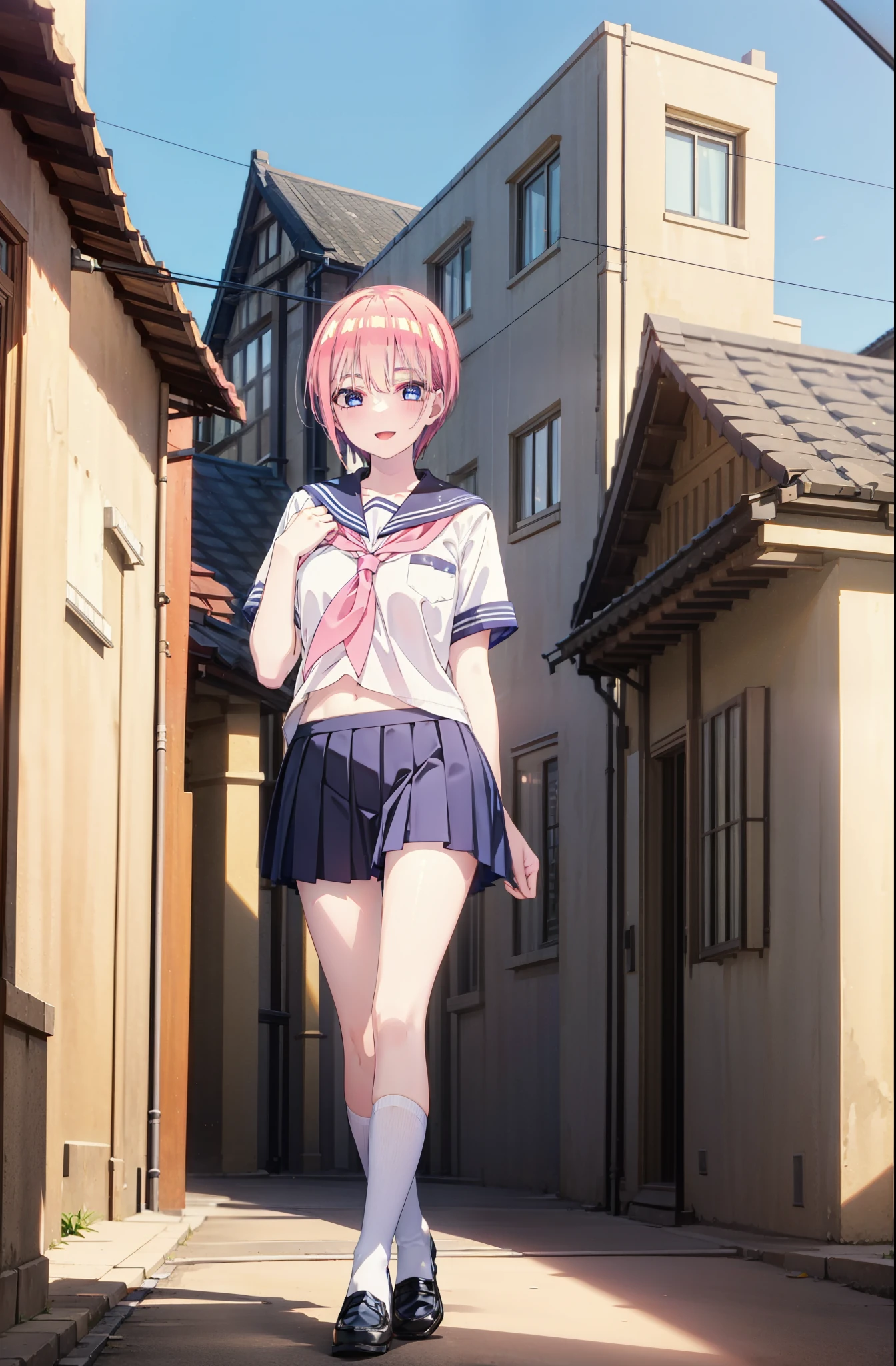 ichikanakano, ichika nakano, short hair, bangs, blue eyes, Hair between the eyes, Pink Hair, smile,happy smile, smile, Open your mouth,Big Breasts,Japanese schoolgirl(Red Sailor Suit),Short sleeve,Black pleated skirt,White knee socks,Brown Loafers,evening,Sunset,The sun is setting,sunny,whole bodyがイラストが入るように,Looking up from below,Walking,
break outdoors, In town,Building district,
break looking at viewer, whole body,
break (masterpiece:1.2), highest quality, High resolution, unity 8k wallpaper, (shape:0.8), (Beautiful details:1.6), Highly detailed face, Perfect lighting, Highly detailed CG, (Perfect hands, Perfect Anatomy),