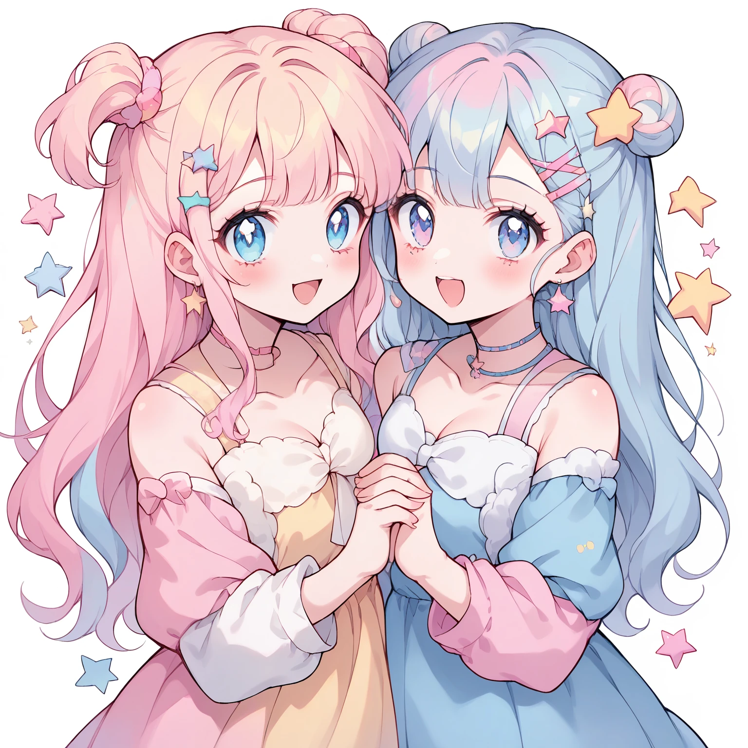 neondskdrmsxl, score_9_climb, score_8_climb, score_7_climb, score_6_climb, 2 girls, alone, pastel colors, open mouth, long hair, star , (mark), star hair accessories, hair accessories, Twintail, look at viewer, blue eyes, pastel neon lighting, source_anime, neon, neon theme , white background Edge distance, beautiful, cute, anime, 2 cute girls