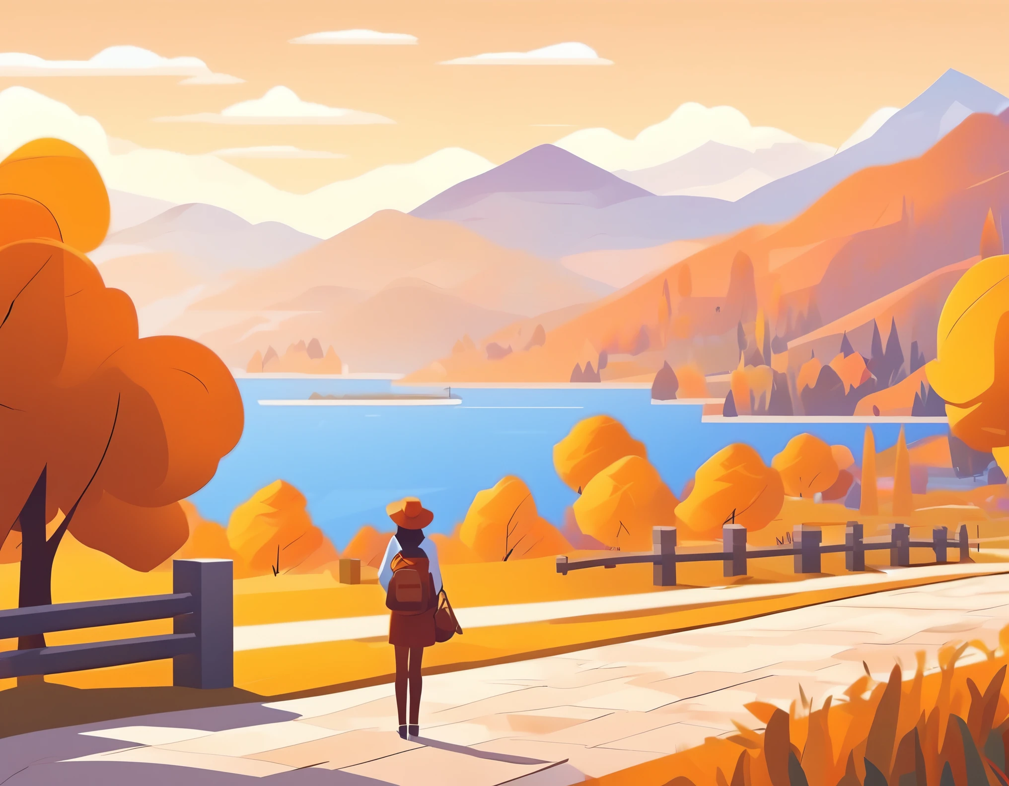 Girl tourist looks at map on pavement with fence and orange trees. Vector cartoon illustration of young woman traveler on background of autumn landscape with mountains, grass and lake , in the style of Clash Royale game,minimalist Journey