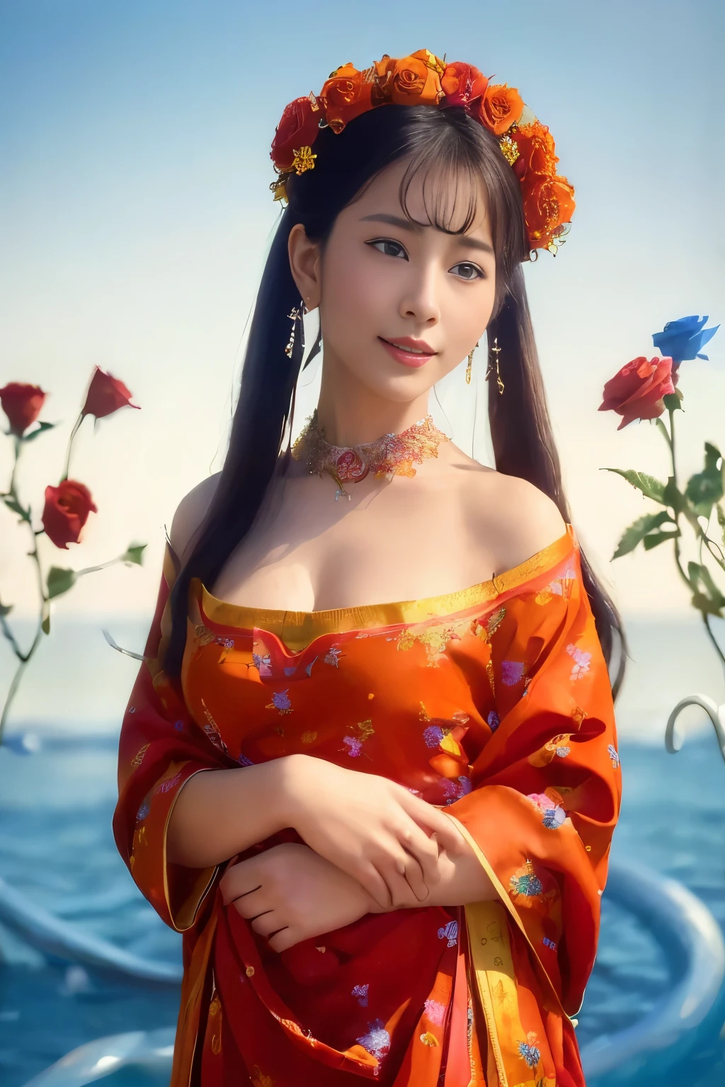 (Surrealistic Masterpiece: 1.7), (Ar 9:16, S2:1), (Photorealistic: 1.6), Closeup, One beautiful elegant girl, Holding red roses, Wearing traditional attire with blue gauze fabric embroidered edges on a white cloth background, Long black hair draped over shoulders, Red lips, A smile, Side view, adorned with a pink fan-shaped pattern scarf hanging around her neck, Surrounded by vibrant flowers, Bathed in a soft, light orange color tone, Inspired by the enigmatic works of surrealist artists.