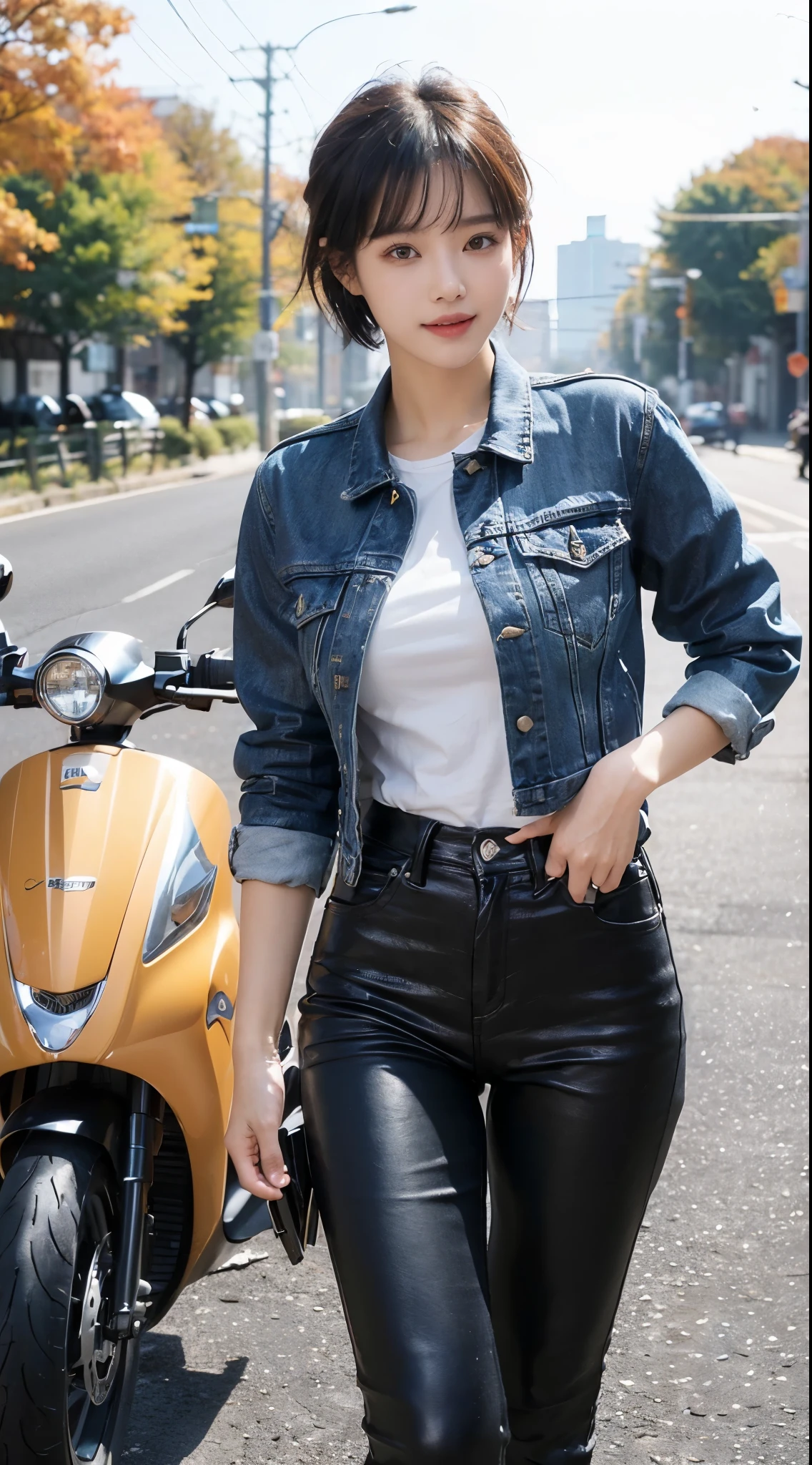 (ultra high definition, 8K, masterpiece: 1.3), Motorcycle rider, ride a scooter, laugh, Short hair, Korean woman, denim denim jacket, black leather pants, white tee, beautiful woman with good proportions, Autumn Background, A city colored with autumn leaves